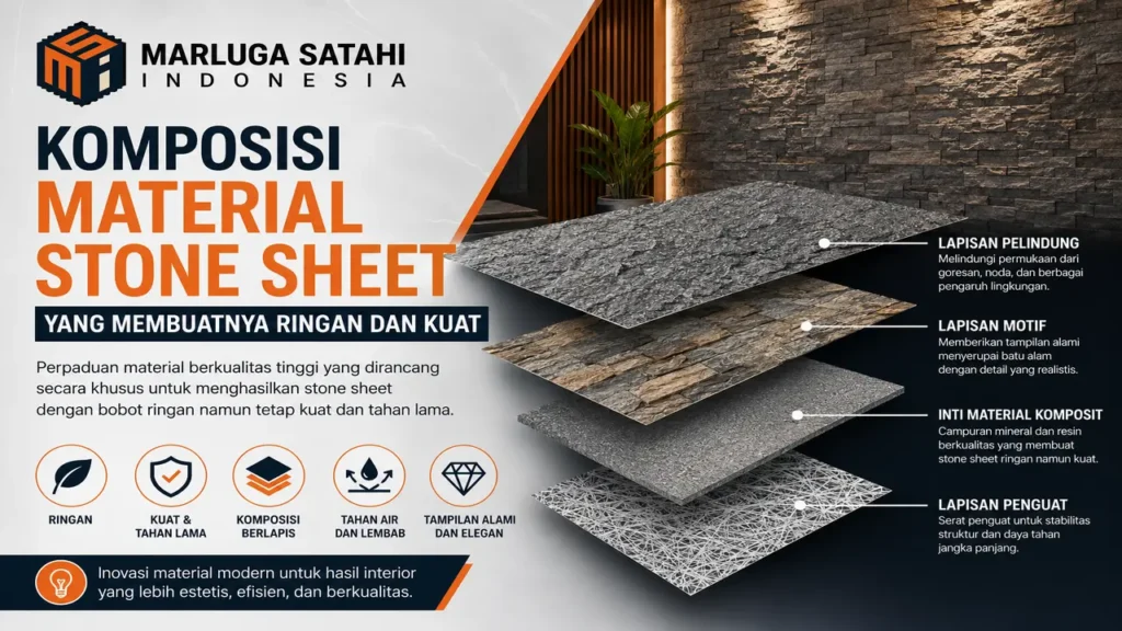 Material stone sheet dengan komposisi ringan dan kuat sebagai pelapis dinding interior modern berkualitas tinggi.