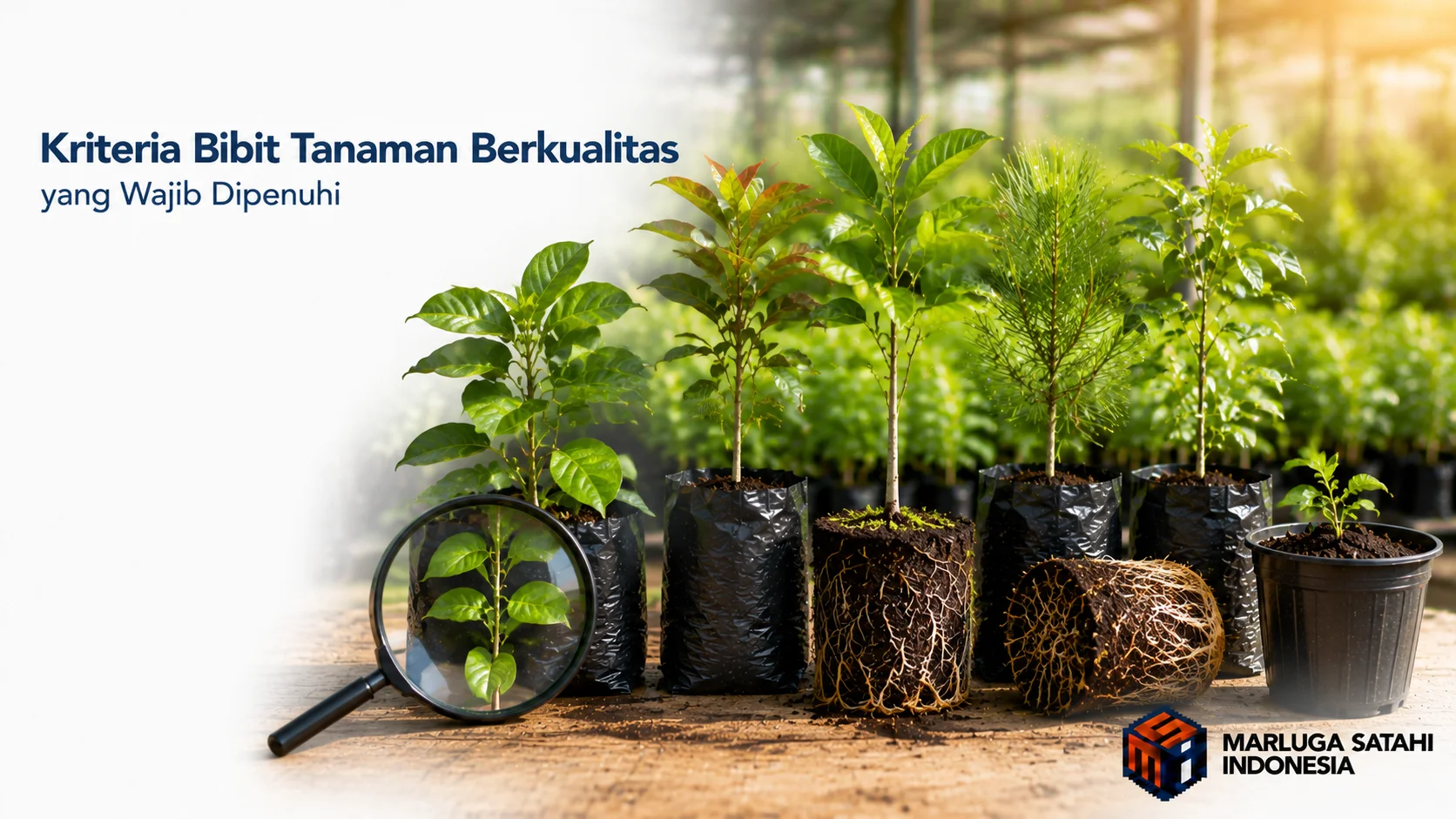 Bibit tanaman berkualitas dengan sistem perakaran sehat dan daun hijau segar sebagai acuan sebelum membeli bibit untuk proyek penghijauan.