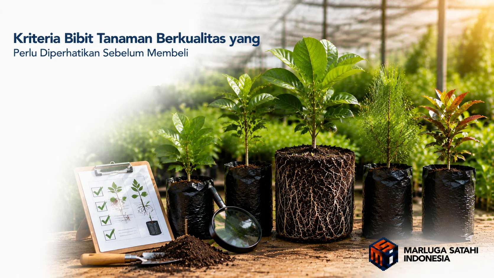 Pemeriksaan kriteria bibit tanaman berkualitas sebelum membeli melalui evaluasi kondisi akar, daun, dan media tanam di area nursery.