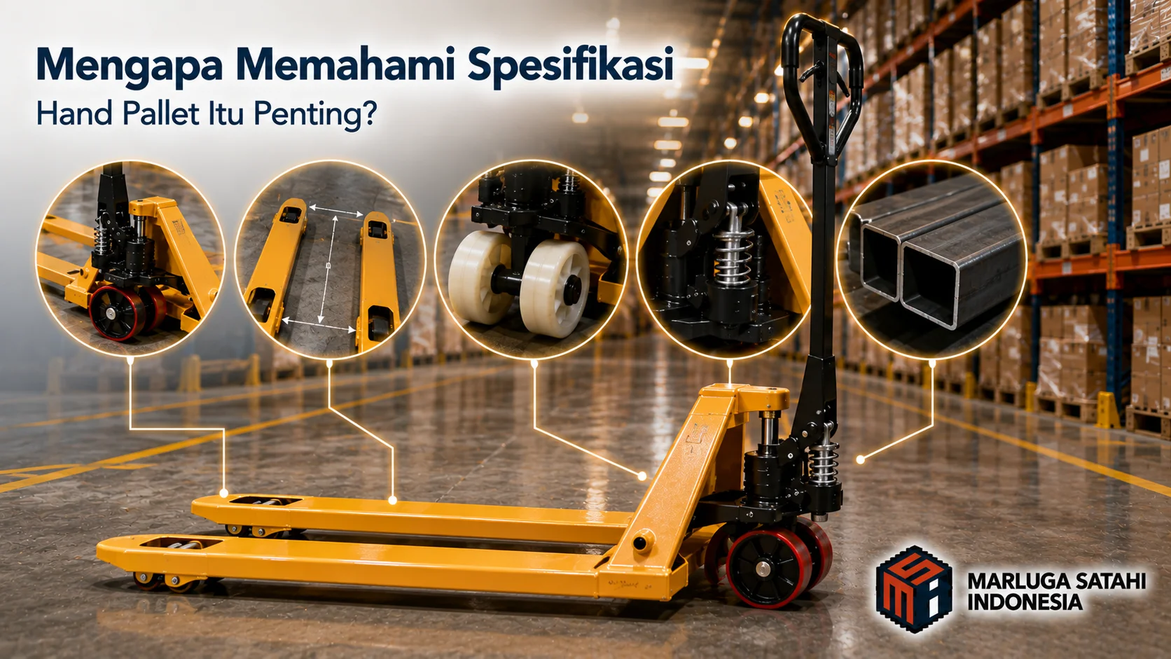 Gambar hand pallet berwarna kuning di dalam gudang dengan ilustrasi detail bagian alat yang menyoroti komponen utama seperti roda, hidrolik, dan fork sebagai faktor penting dalam pemilihan produk.