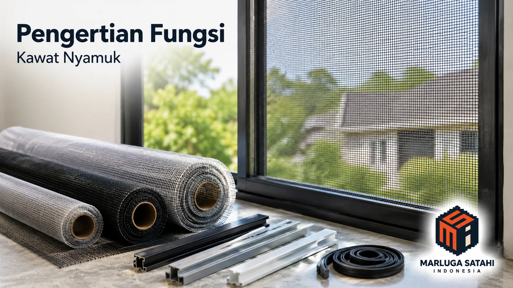 Banner produk kawat nyamuk dengan tampilan jaring aluminium pada jendela, gulungan kawat nyamuk, frame pemasangan, judul “Pengertian Fungsi Kawat Nyamuk”, dan logo Marluga Satahi Indonesia.