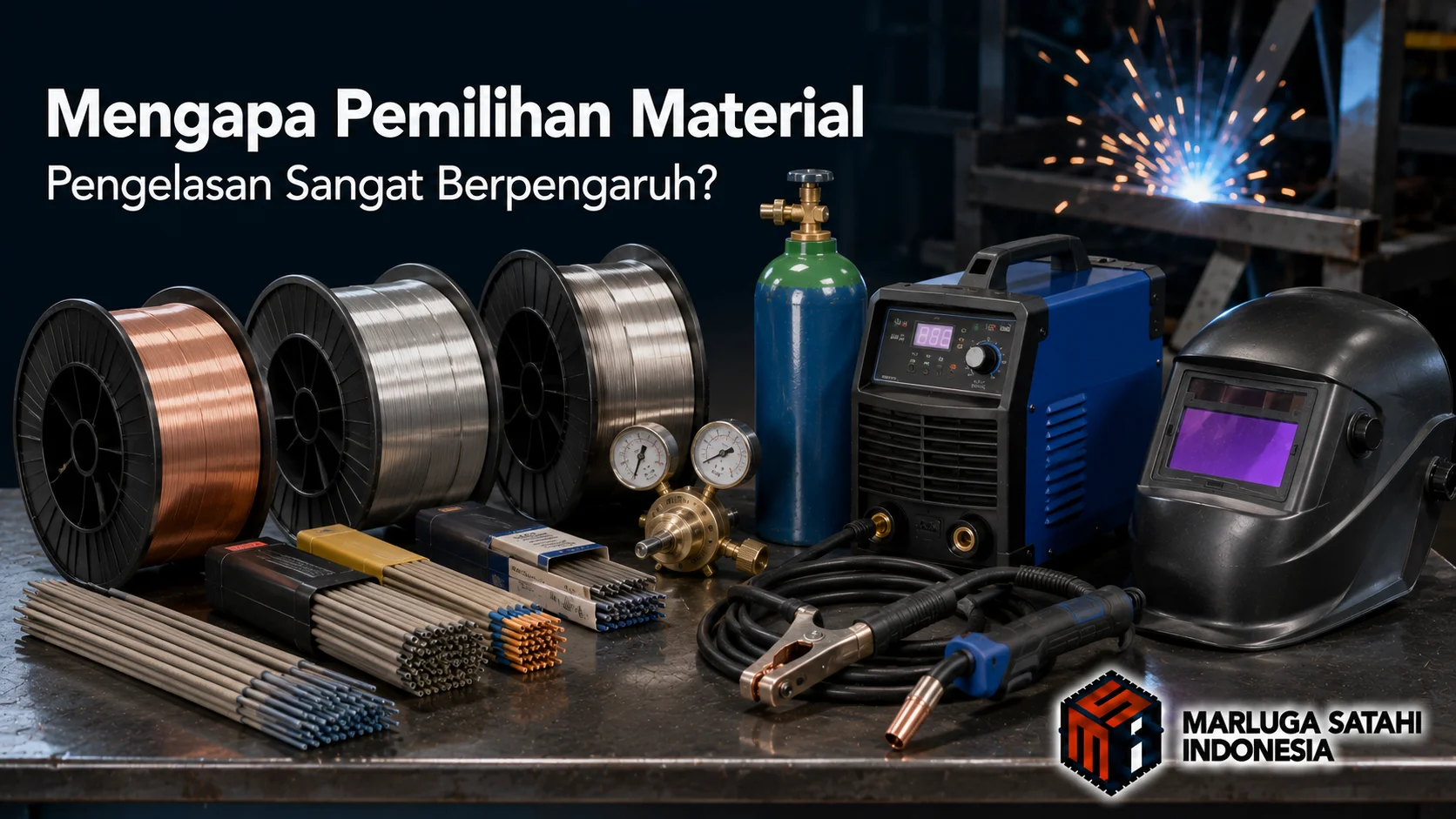 Banner material pengelasan industri yang menampilkan kawat las, elektroda, mesin las, tabung gas, welding torch, dan perlengkapan keselamatan kerja dalam suasana workshop profesional.
