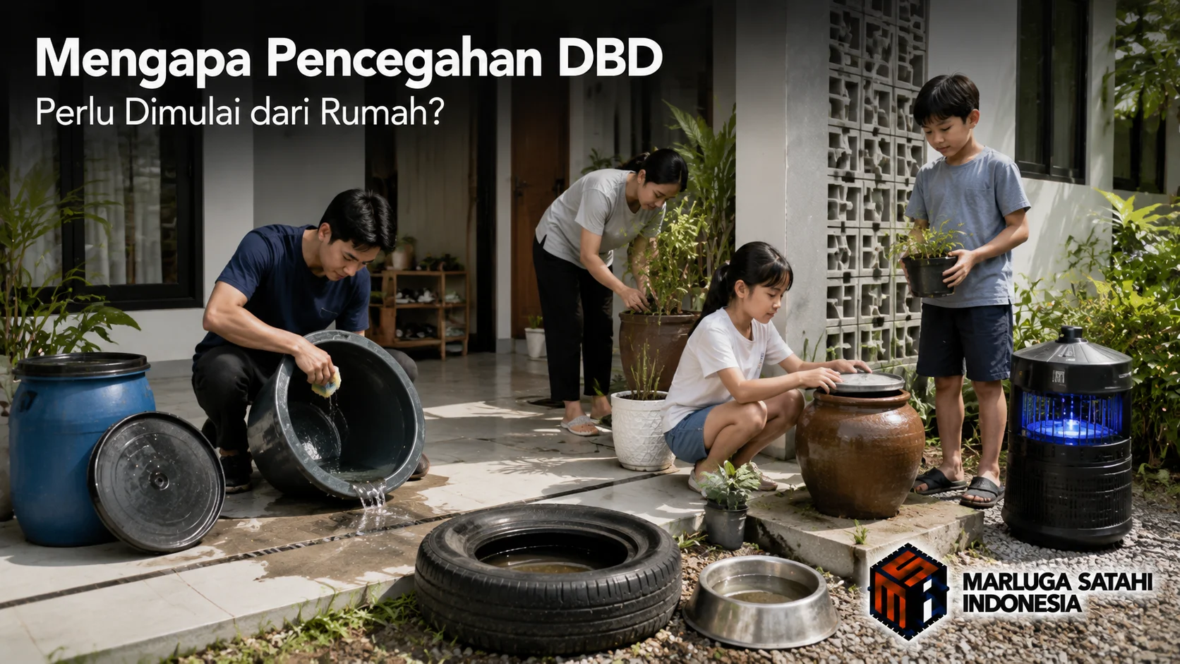 Banner pencegahan DBD di lingkungan rumah dengan keluarga membersihkan tempat penampungan air, merawat tanaman, dan mengurangi potensi genangan sebagai upaya mengendalikan perkembangbiakan nyamuk.