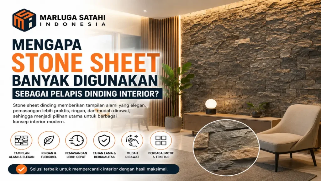 Stone Sheet Dinding sebagai pelapis dinding interior modern dengan motif batu alam pada ruang komersial dan perkantoran.