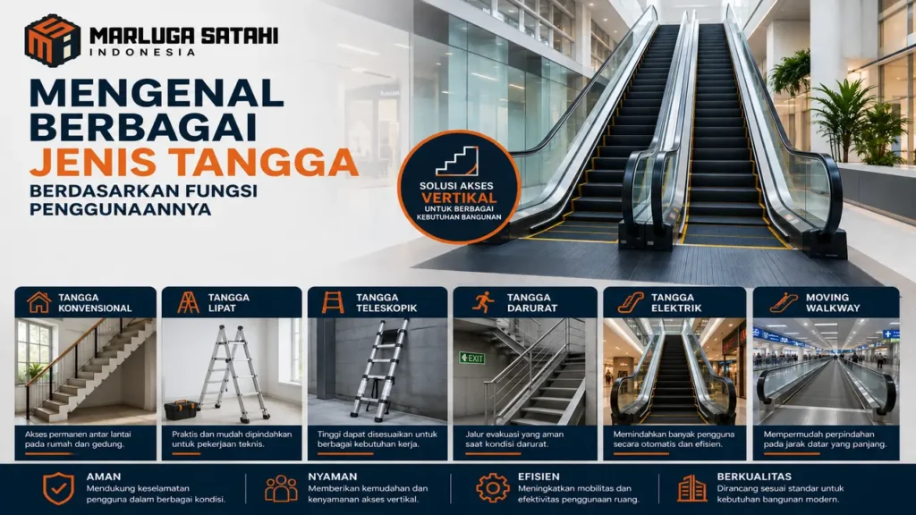 Jenis tangga berdasarkan fungsi penggunaannya mulai dari tangga lurus, spiral, hingga tangga elektrik pada bangunan modern.