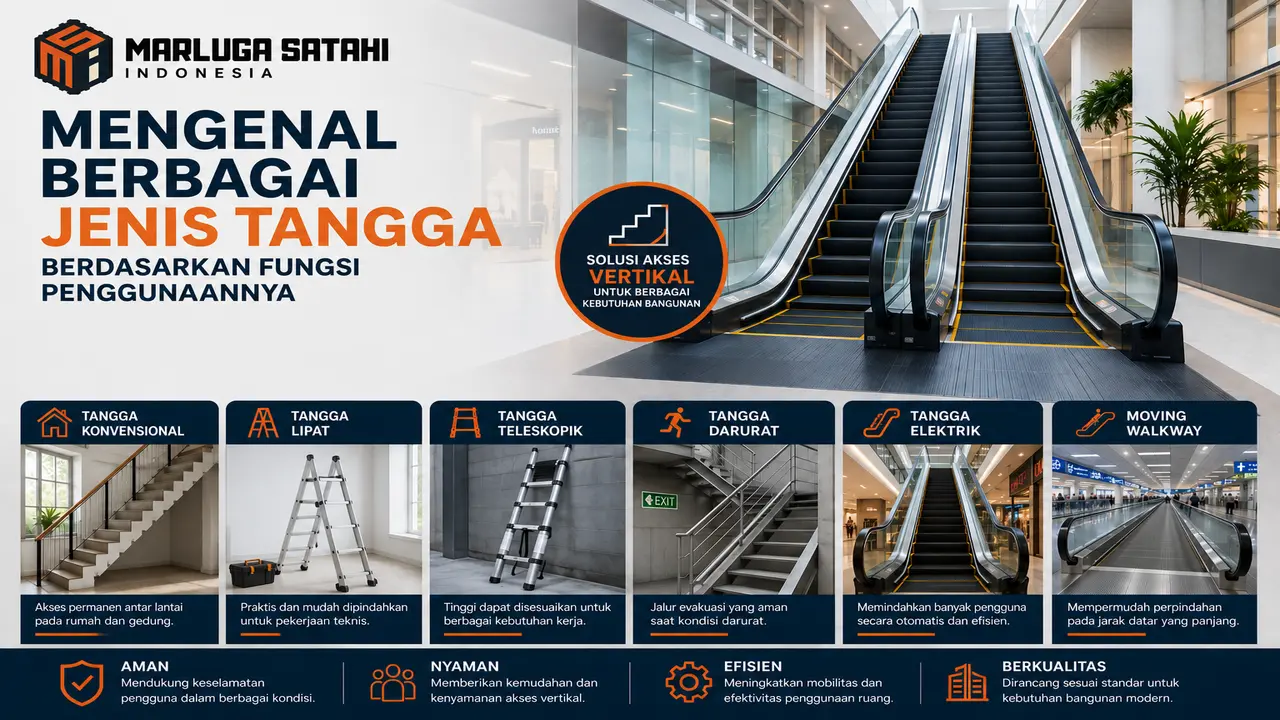 Jenis tangga berdasarkan fungsi penggunaannya mulai dari tangga lurus, spiral, hingga tangga elektrik pada bangunan modern.