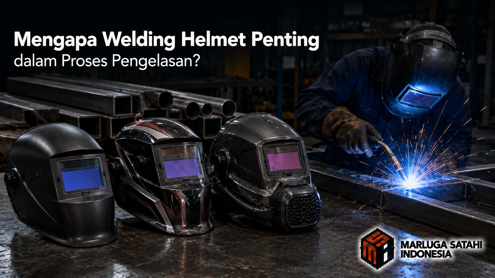 Banner industri yang menampilkan berbagai jenis welding helmet di area kerja pengelasan dengan seorang welder melakukan proses las menggunakan percikan cahaya biru, menggambarkan pentingnya perlindungan keselamatan saat pengelasan.