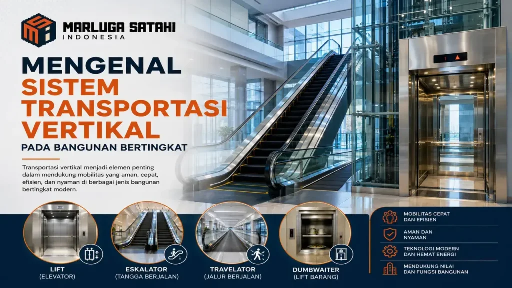 Sistem transportasi vertikal pada bangunan bertingkat menggunakan lift, eskalator, dan travelator untuk mendukung mobilitas pengguna.
