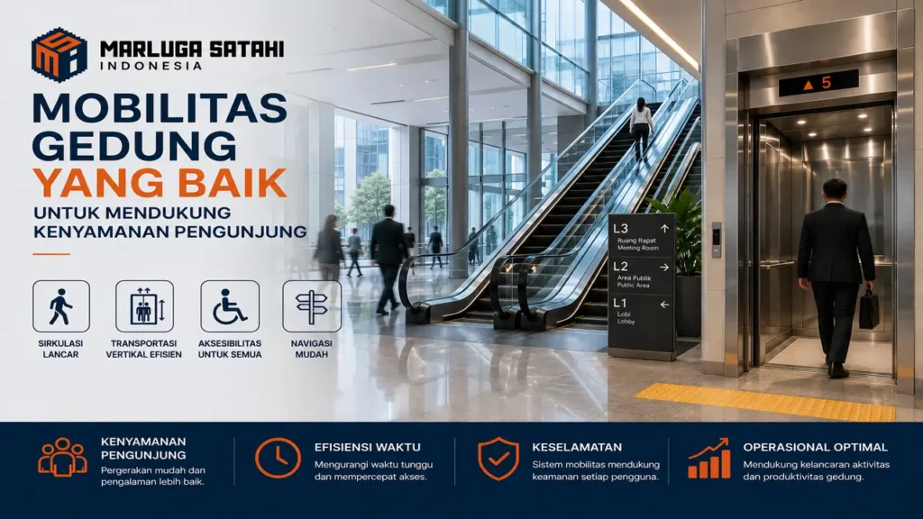 Mobilitas gedung dengan lift dan eskalator modern untuk meningkatkan kenyamanan pengunjung di bangunan bertingkat.
