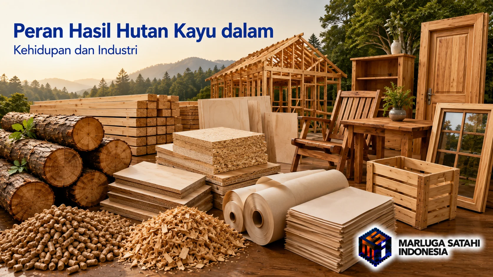 Pemanfaatan Hasil Hutan Kayu dalam Berbagai Sektor yang menampilkan produk kayu secara realistis berupa balok kayu, kayu gelondongan, plywood, OSB, pelet kayu, gulungan kertas, furnitur kayu, pintu, jendela, dan peti kayu dengan logo Marluga Satahi Indonesia.
