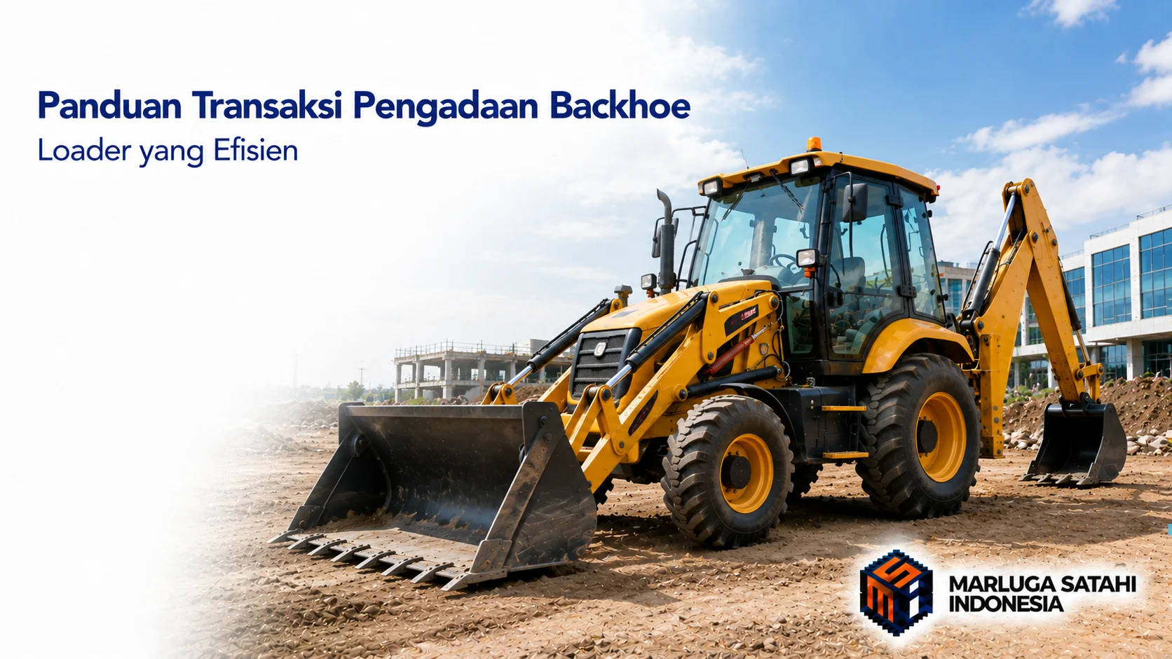 Banner photorealistik yang menampilkan backhoe loader sebagai fokus utama di lokasi konstruksi dengan latar gedung modern, ruang putih di sisi kiri untuk judul "Panduan Transaksi Pengadaan Backhoe Loader yang Efisien", serta logo Marluga Satahi Indonesia di pojok kanan bawah.