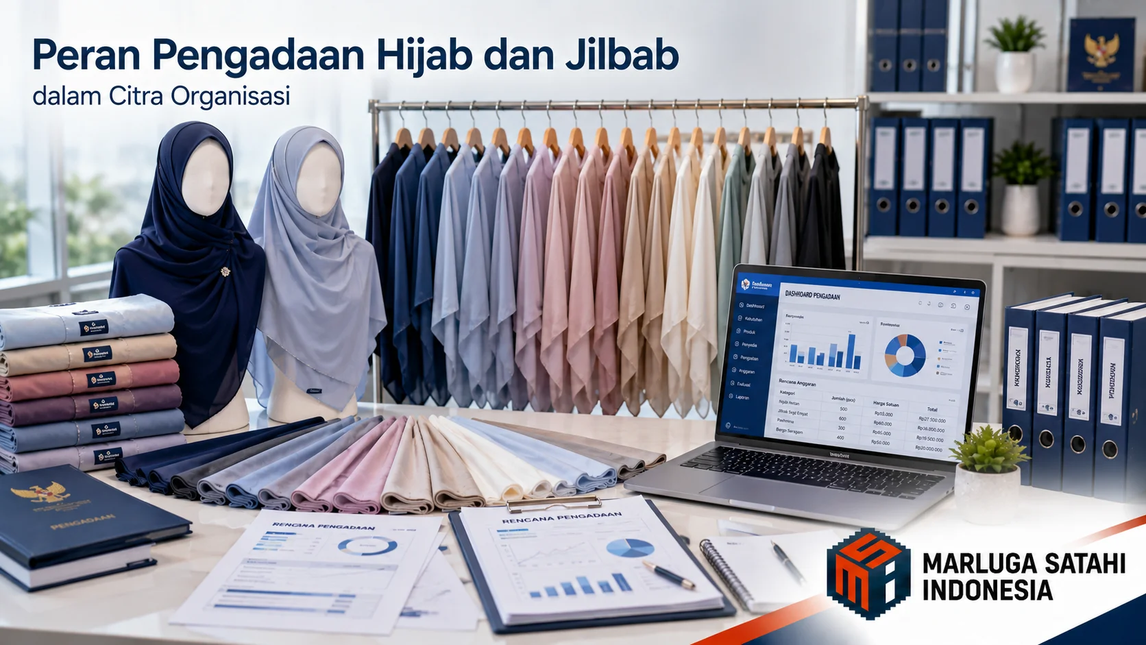 Koleksi hijab seragam kantor berkualitas yang tertata rapi di ruang pengadaan instansi.