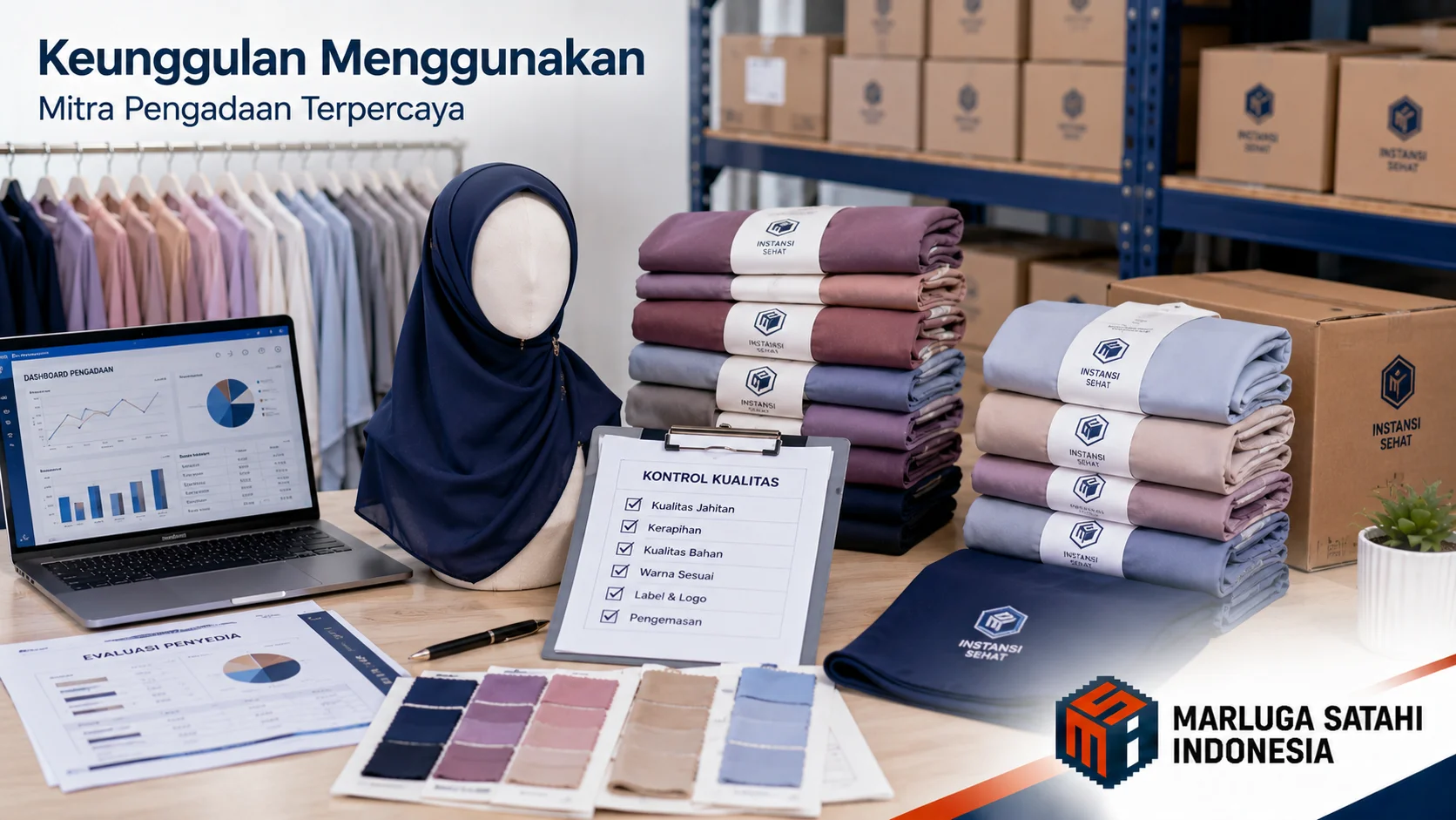 Konsultan fesyen menunjukkan berbagai pilihan kain hijab premium untuk kebutuhan seragam kerja instansi.
