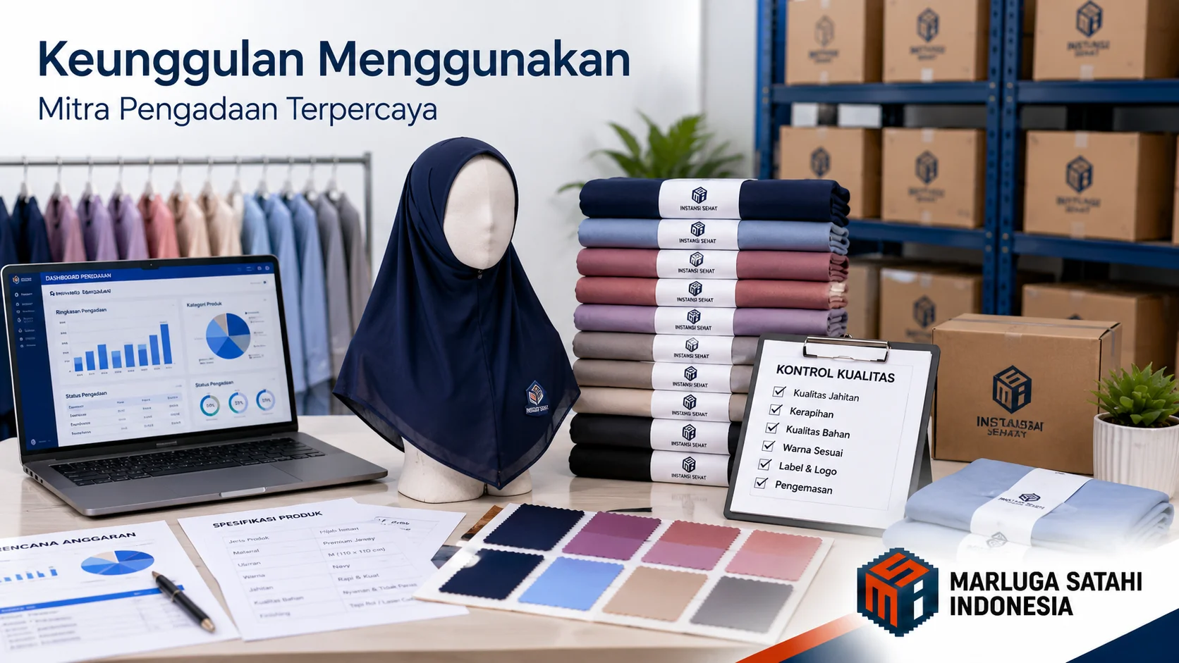 Tim pengadaan sedang melakukan pengecekan kualitas seragam hijab perusahaan dengan logo kustom.