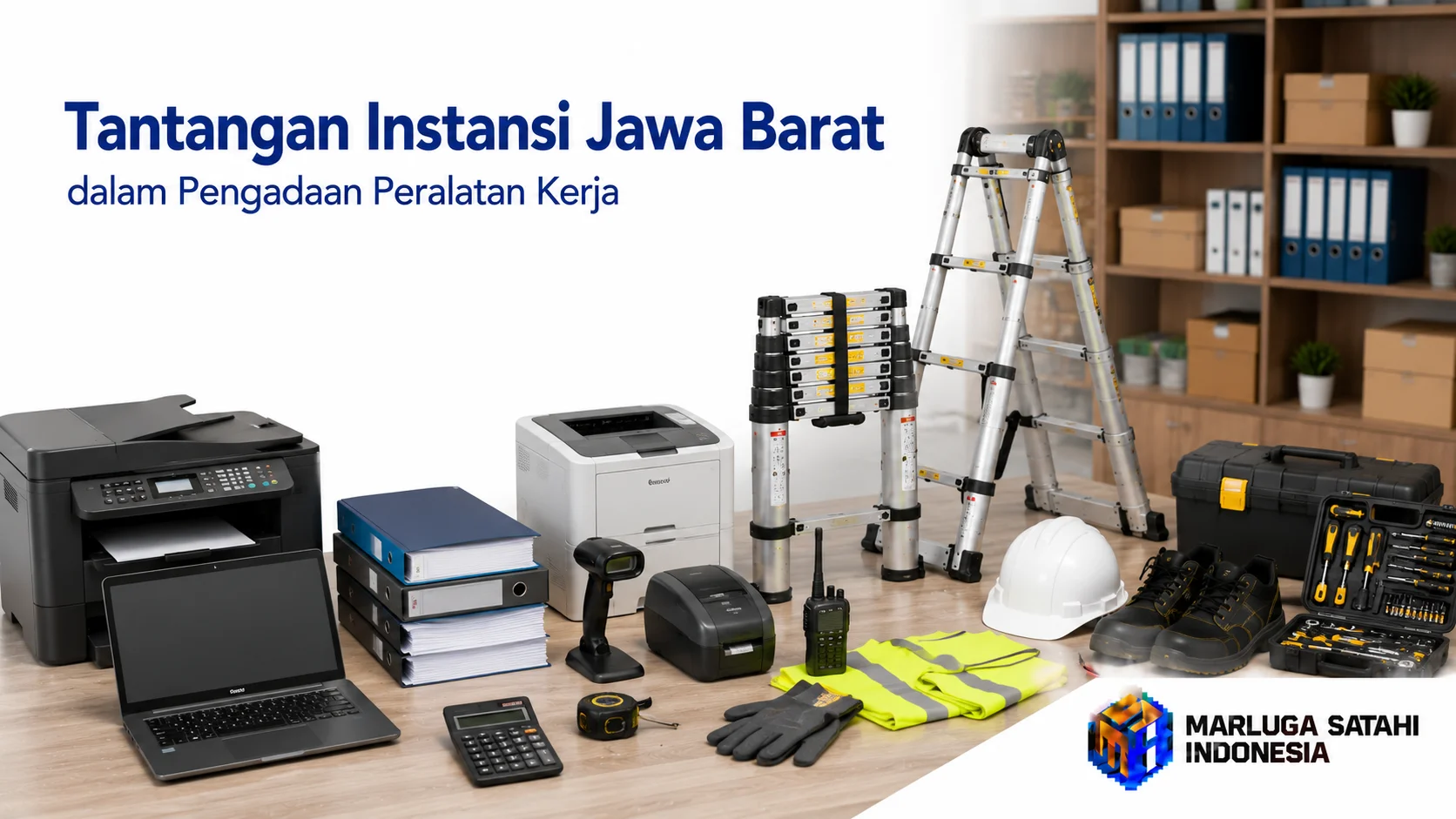 Banner bertema tantangan instansi Jawa Barat dalam pengadaan peralatan kerja yang menampilkan printer, laptop, scanner barcode, alat komunikasi, helm safety, tangga teleskopik, toolbox, dan perlengkapan kerja dengan latar kantor modern serta logo Marluga Satahi Indonesia.