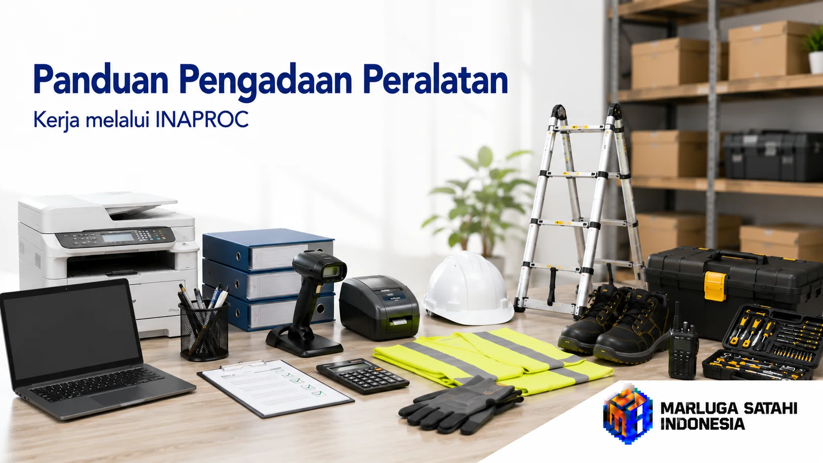 Banner panduan pengadaan peralatan kerja melalui INAPROC yang menampilkan printer multifungsi, laptop, barcode scanner, label printer, helm safety, rompi reflektif, tangga teleskopik, toolbox, dan logo Marluga Satahi Indonesia pada latar gudang modern.