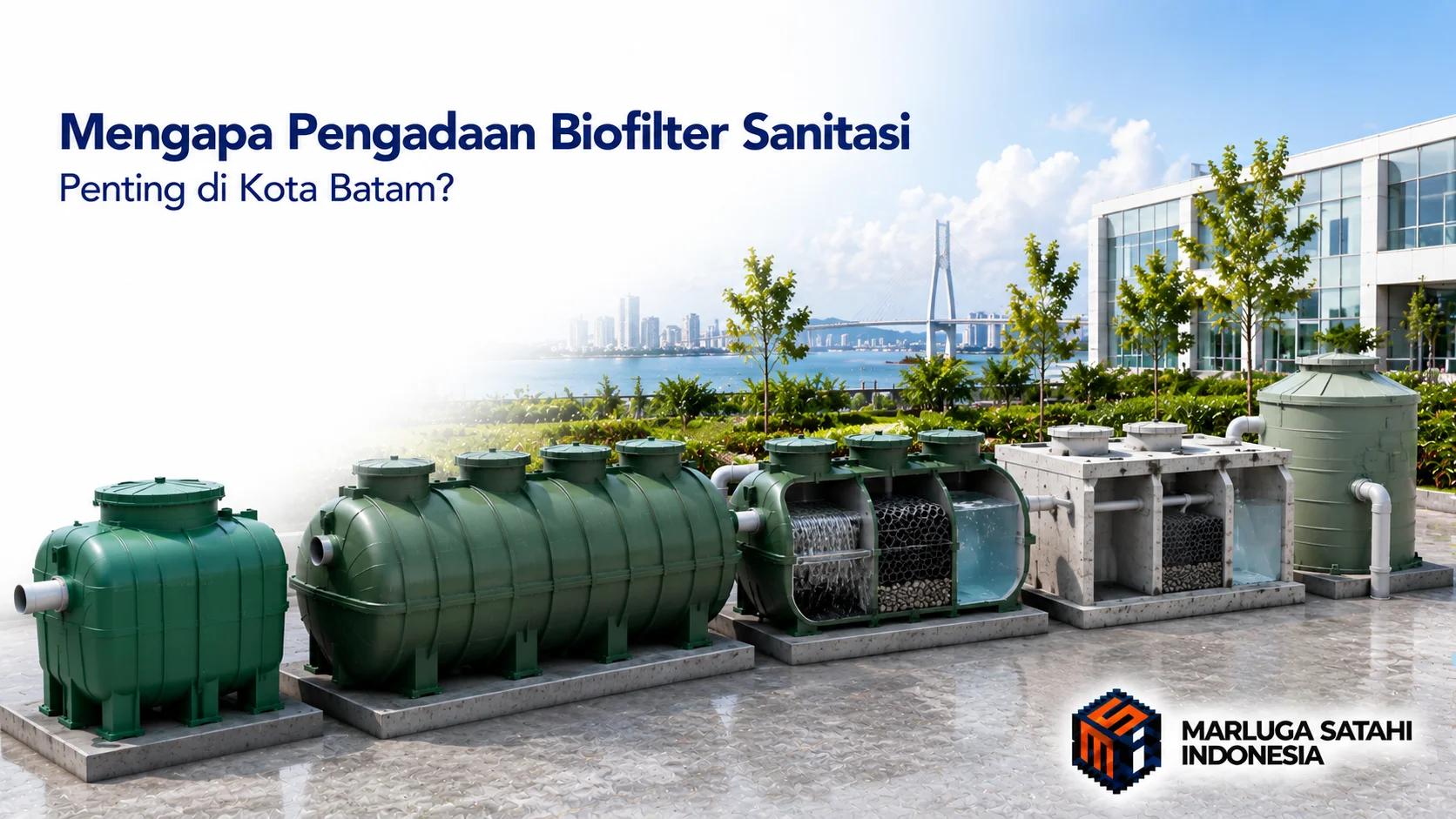 Instalasi biofilter sanitasi modern dengan berbagai unit pengolahan limbah ditampilkan di kawasan pesisir Kota Batam sebagai ilustrasi pengadaan sanitasi untuk fasilitas publik.