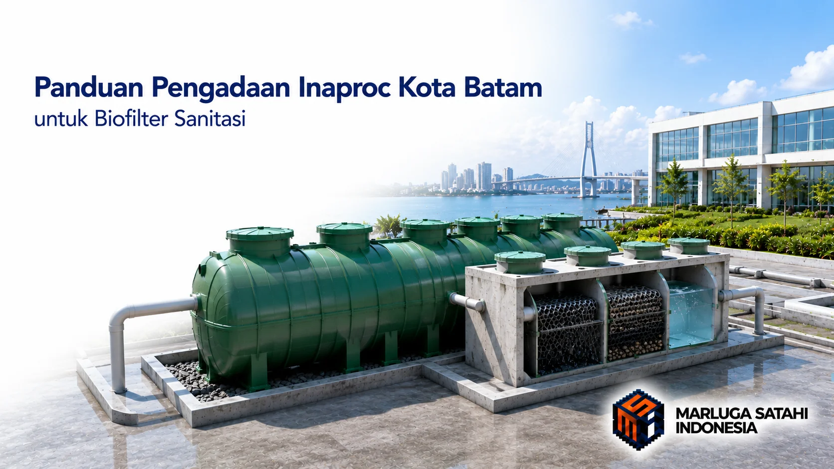 Sistem biofilter sanitasi modern dengan tangki FRP dan unit pengolahan limbah ditampilkan pada kawasan perkotaan Batam sebagai ilustrasi proses pengadaan melalui INAPROC.