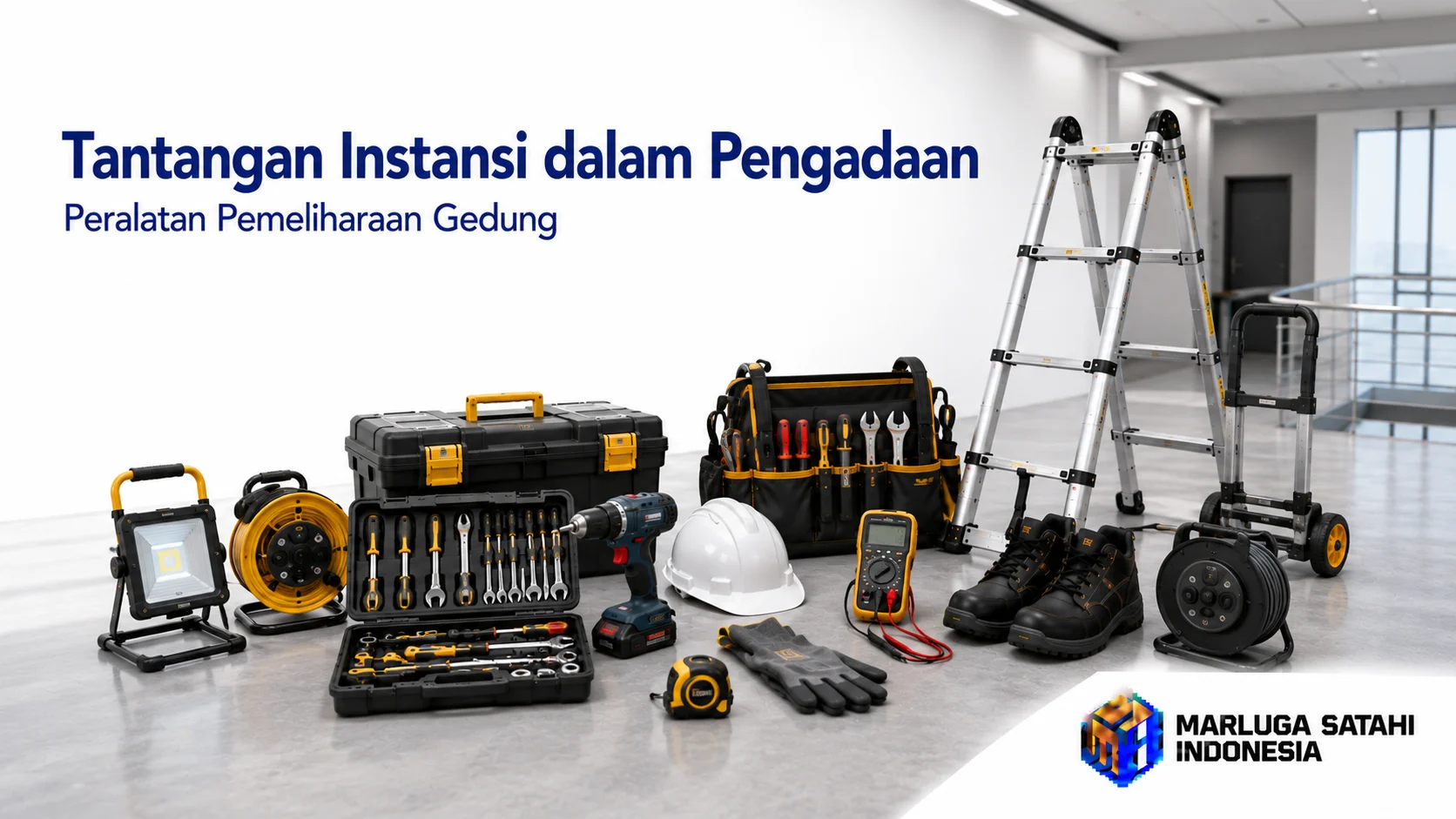 Banner bertema panduan pengadaan peralatan pemeliharaan gedung yang menampilkan berbagai perlengkapan kerja seperti tangga lipat, toolbox, bor listrik, alat ukur, helm safety, sepatu safety, sarung tangan, lampu kerja, dan kabel roll dalam konsep foto realistis dengan latar ruang modern serta logo Marluga Satahi Indonesia di pojok kanan bawah.