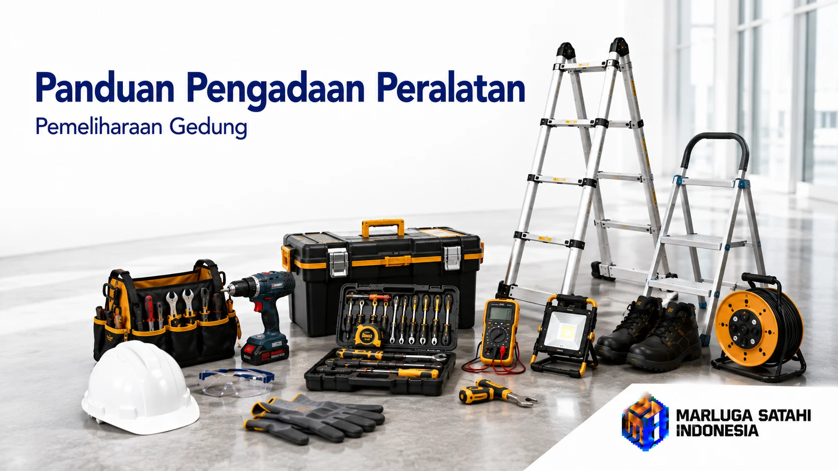 Banner bertema panduan pengadaan peralatan pemeliharaan gedung yang menampilkan berbagai perlengkapan kerja seperti tangga lipat, toolbox, bor listrik, alat ukur, helm safety, sepatu safety, sarung tangan, lampu kerja, dan kabel roll dalam konsep foto realistis dengan latar ruang modern serta logo Marluga Satahi Indonesia di pojok kanan bawah.