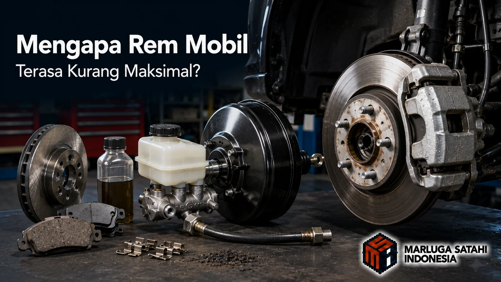 Banner penyebab rem mobil terasa kurang maksimal dengan tampilan brake disc, kaliper, kampas rem, minyak rem, dan brake booster di area workshop.