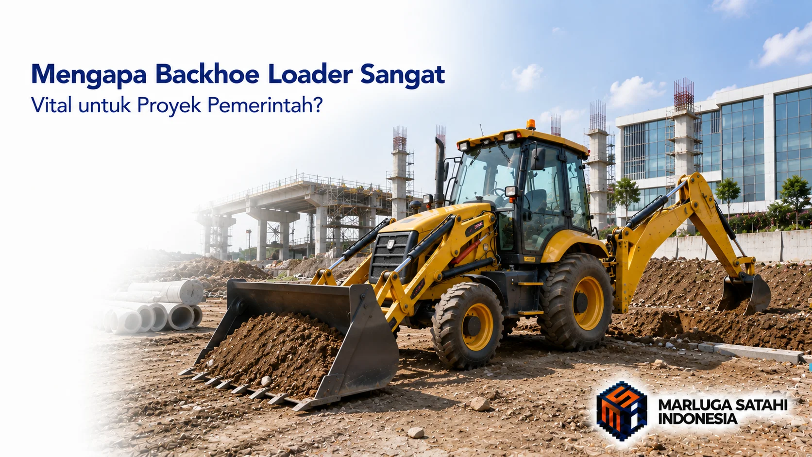 Backhoe loader berwarna kuning beroperasi di area proyek pembangunan infrastruktur pemerintah dengan latar gedung konstruksi modern, menampilkan alat berat sebagai fokus utama serta logo Marluga Satahi Indonesia.