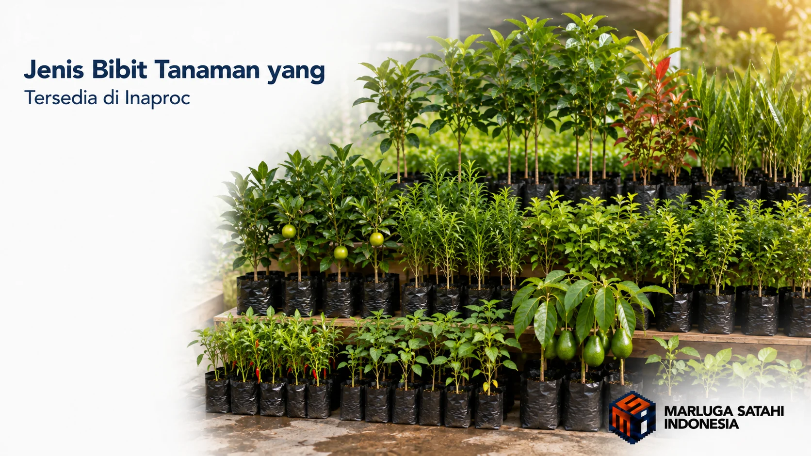 Aneka bibit tanaman unggul dalam polybag di area pembibitan sebagai pilihan pengadaan melalui katalog Inaproc.