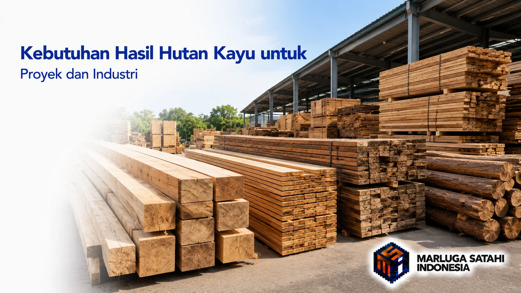 Tumpukan hasil hutan kayu berbagai ukuran tersusun rapi di area penyimpanan industri sebagai ilustrasi kebutuhan material kayu untuk proyek konstruksi dan industri.