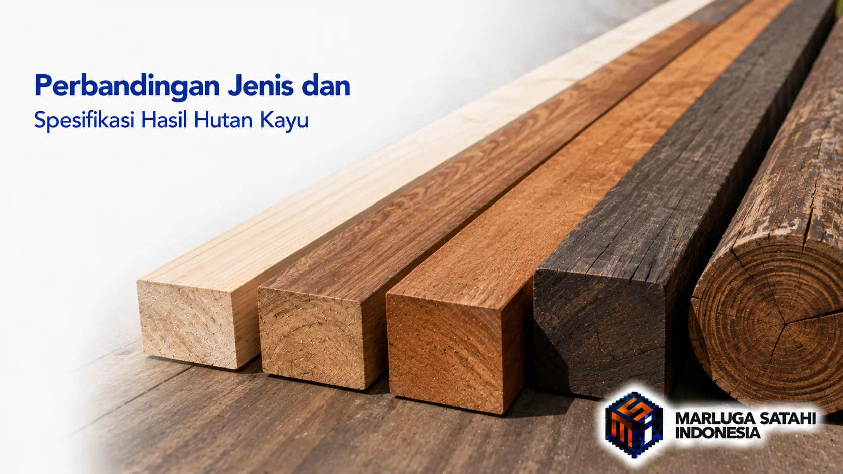 Beragam jenis balok dan batang kayu dengan warna, tekstur, dan dimensi berbeda yang menampilkan perbandingan spesifikasi hasil hutan kayu untuk berbagai kebutuhan proyek.