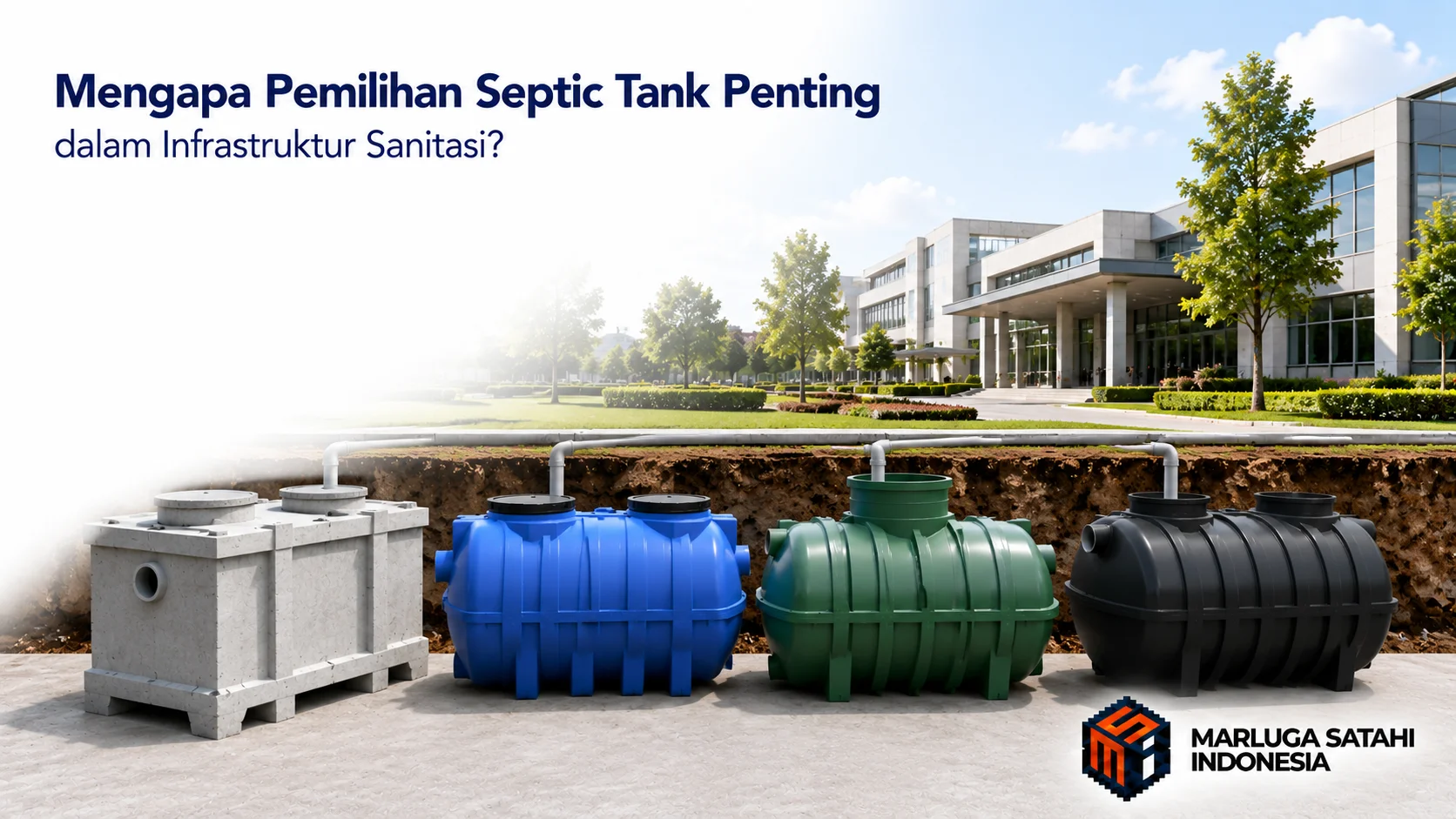 Banner fotorealistis yang menampilkan berbagai jenis septic tank fiberglass, HDPE, dan beton precast di area instalasi sanitasi modern dengan latar gedung perkantoran serta judul "Mengapa Pemilihan Septic Tank Penting dalam Infrastruktur Sanitasi?" dan logo Marluga Satahi Indonesia.