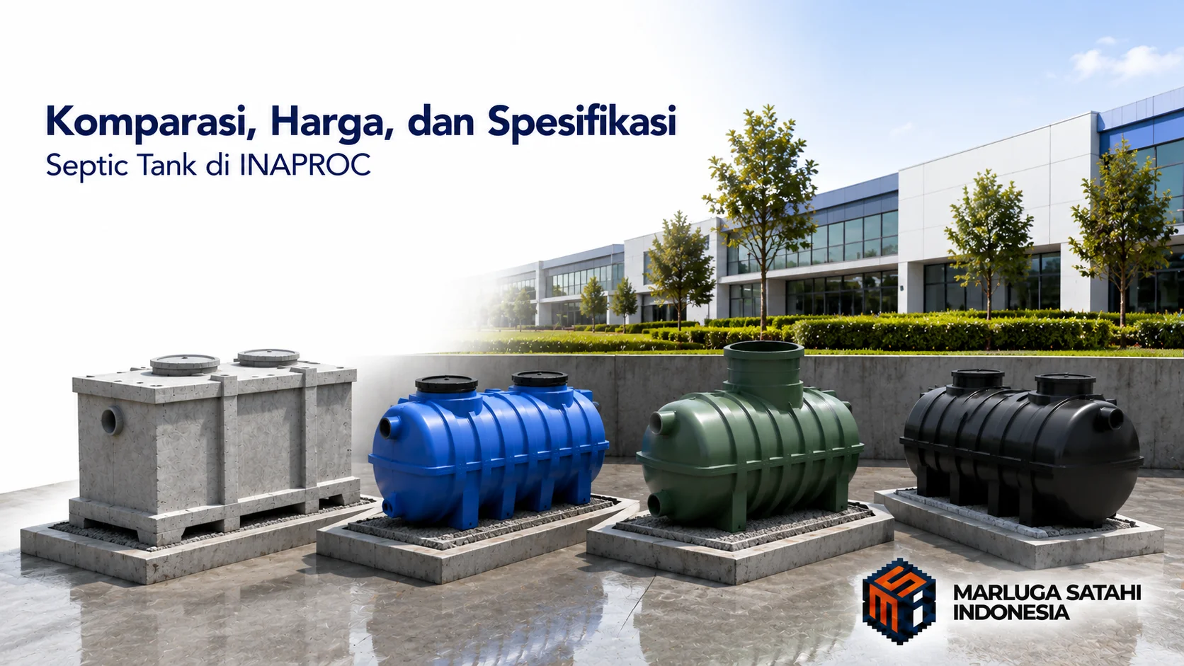 Banner fotorealistis yang menampilkan perbandingan beberapa tipe septic tank berbahan beton, fiberglass, dan HDPE di lingkungan fasilitas modern dengan judul "Komparasi, Harga, dan Spesifikasi Septic Tank di INAPROC" serta logo Marluga Satahi Indonesia.