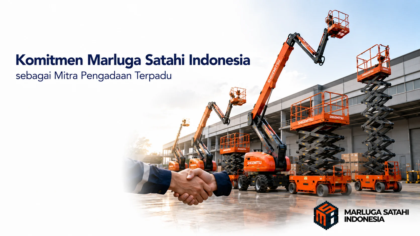 Marluga Satahi Indonesia menampilkan unit Shigemitsu aerial dengan ilustrasi kerja sama sebagai simbol komitmen dalam pengadaan alat berat yang terpercaya.