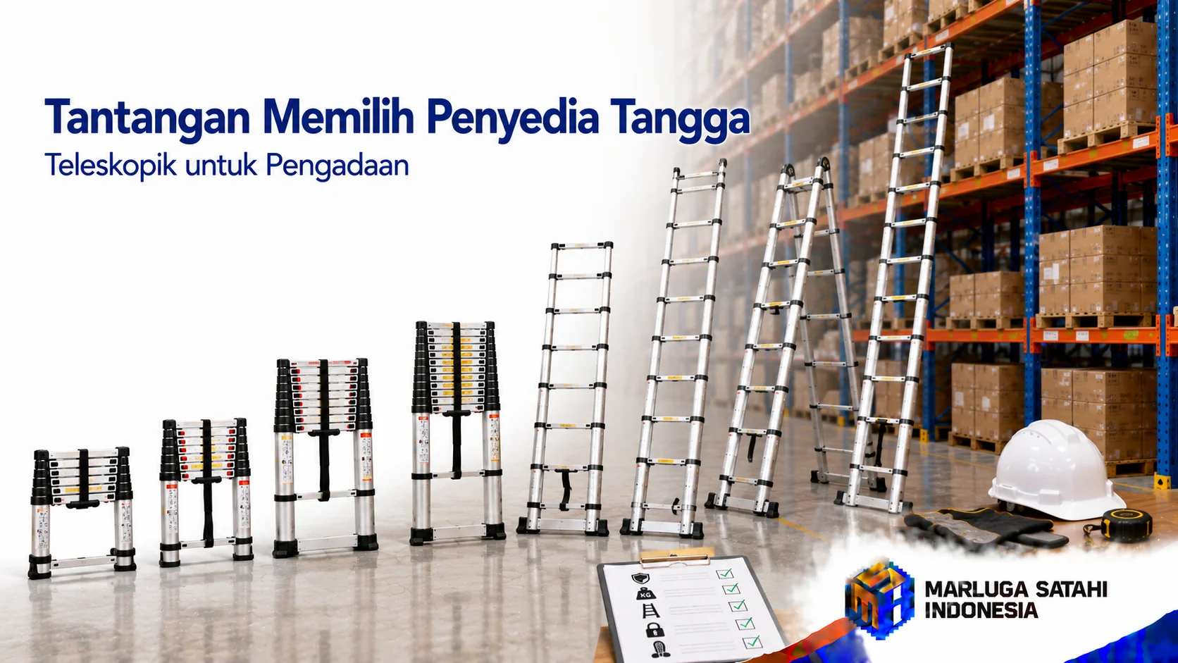 Tangga teleskopik aluminium dengan berbagai ukuran dan konfigurasi untuk kebutuhan pengadaan, ditampilkan di area gudang modern dengan fokus pada material berkualitas.