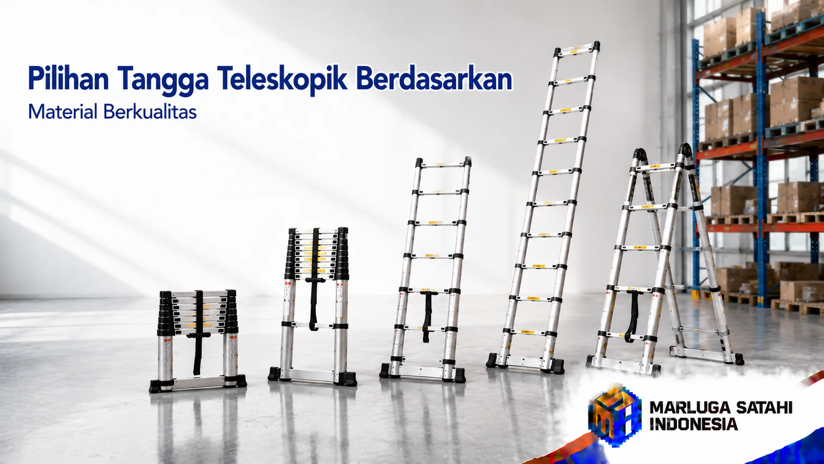 Beragam tangga teleskopik berbahan aluminium berkualitas tinggi sebagai solusi pengadaan untuk pekerjaan maintenance, gudang, dan operasional industri.