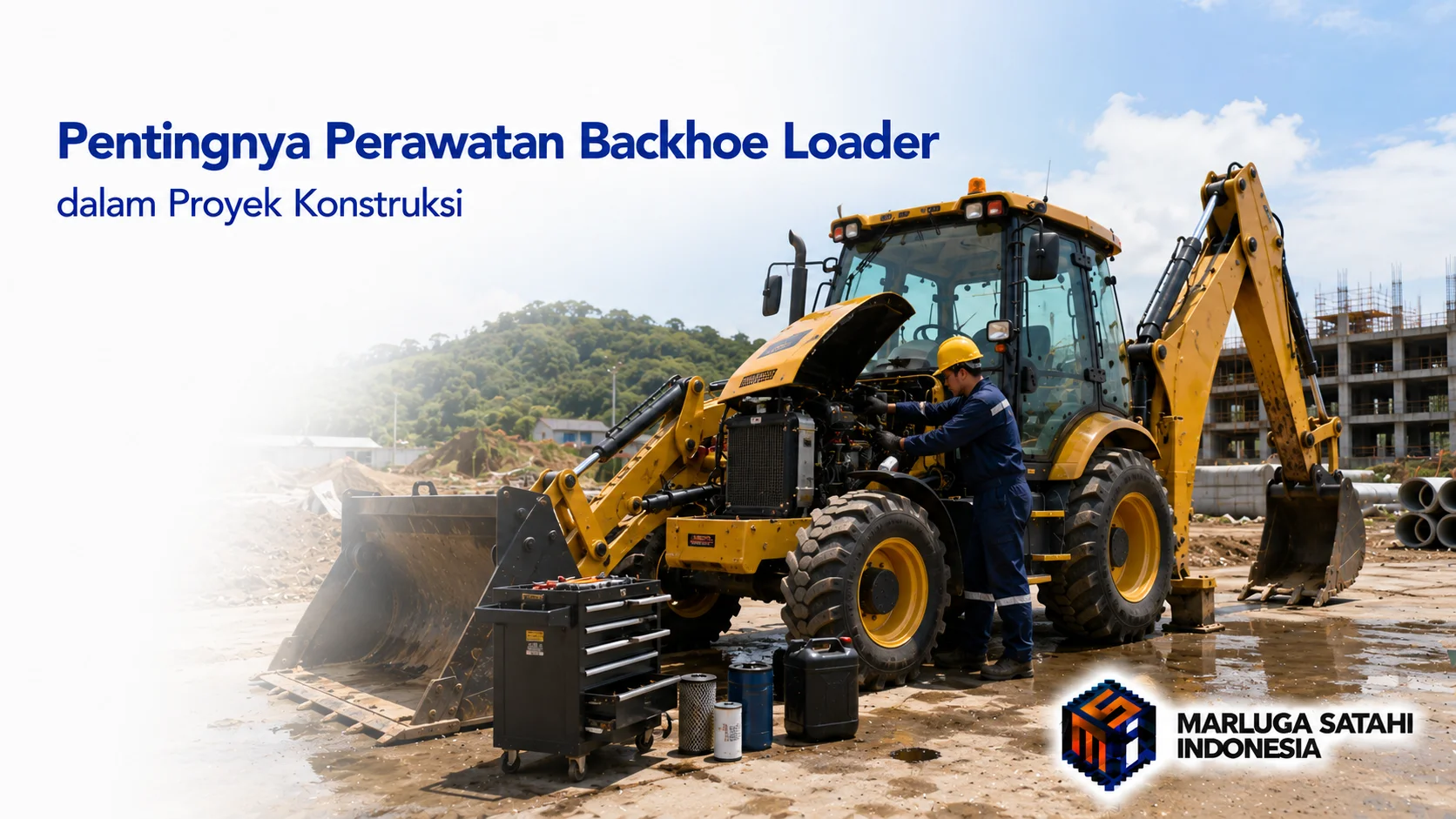 Backhoe loader sedang menjalani perawatan rutin di area proyek konstruksi dengan teknisi memeriksa ruang mesin untuk menjaga performa alat berat tetap optimal.