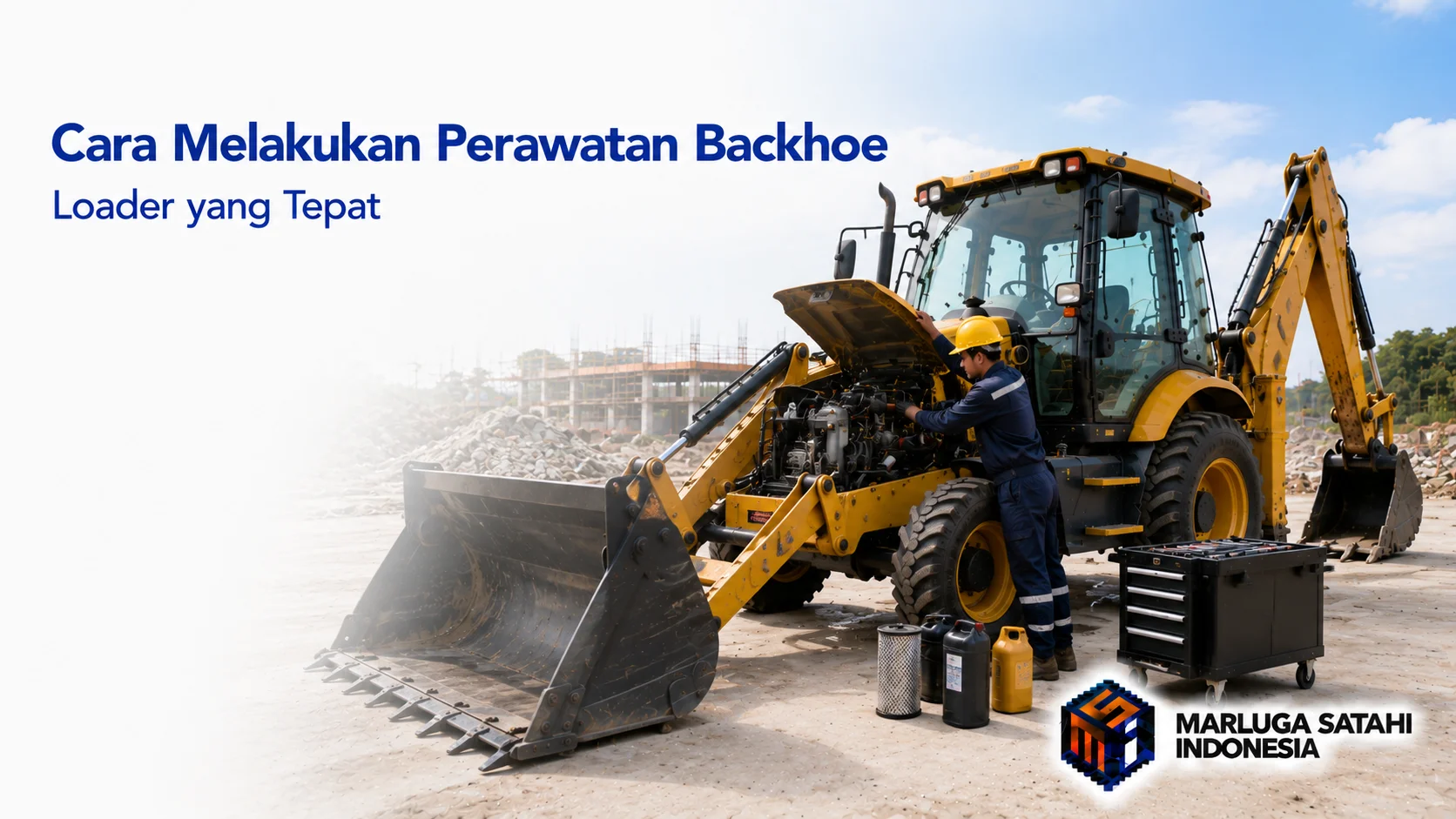 Teknisi melakukan pemeriksaan mesin backhoe loader di lokasi konstruksi dengan peralatan servis untuk memastikan alat berat siap beroperasi secara optimal.