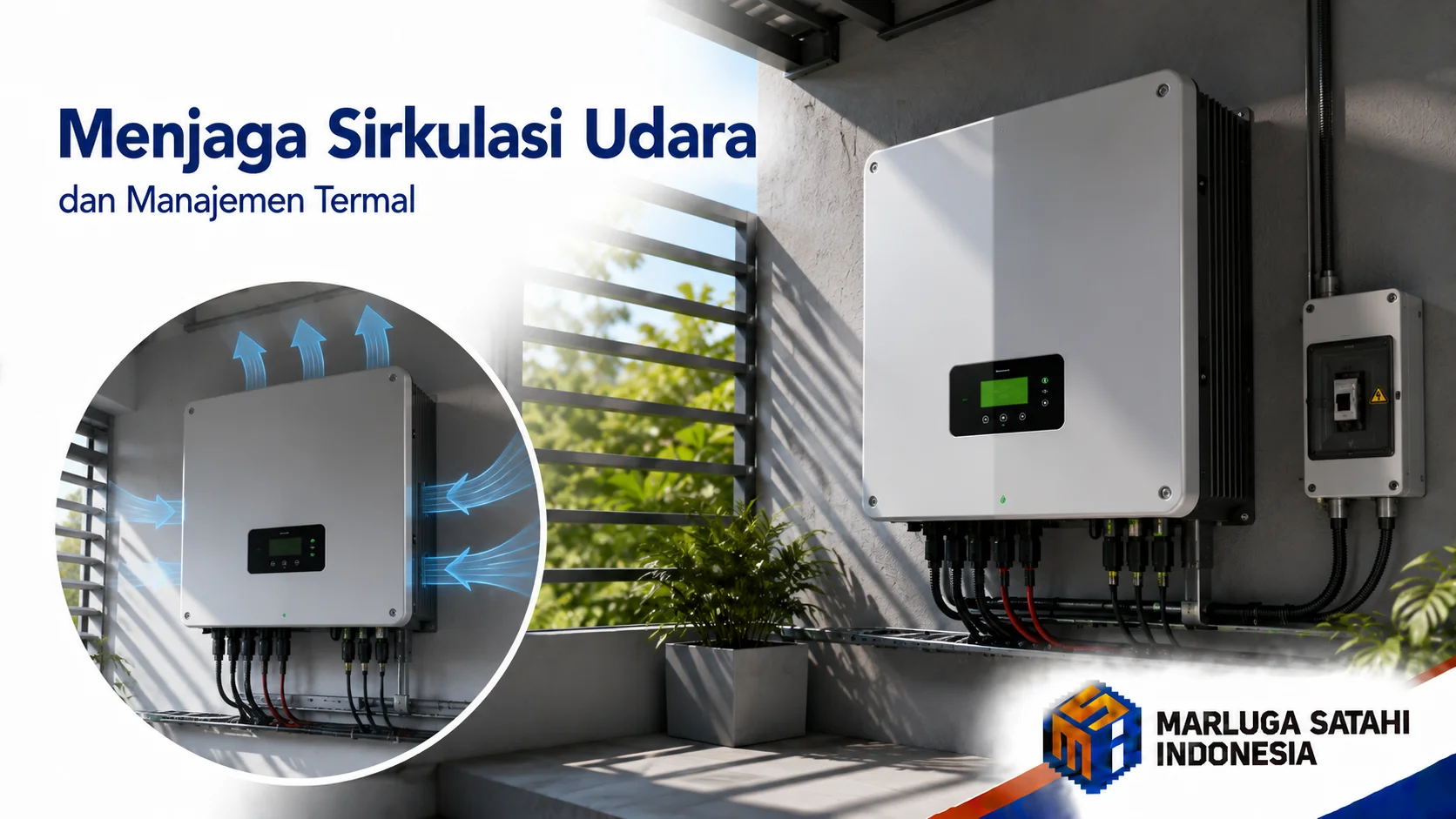 Inverter tenaga surya yang dipasang di area teduh dengan sirkulasi udara yang baik untuk mencegah overheating.