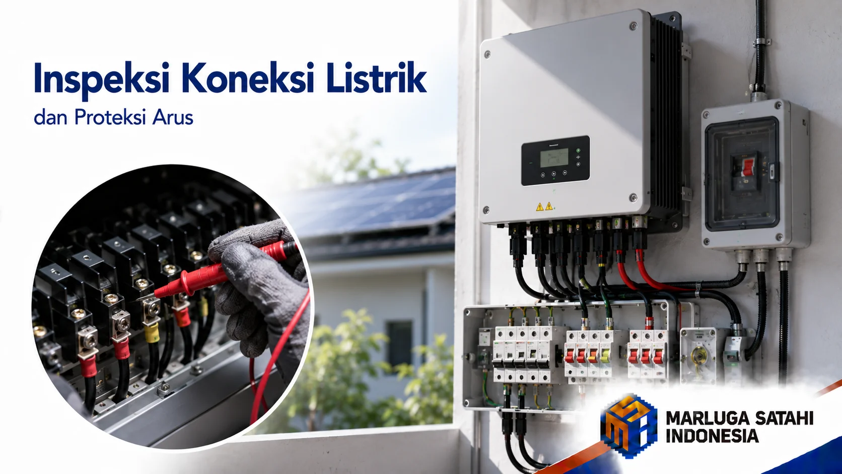 Teknisi melakukan inspeksi rutin pada terminal kabel untuk memastikan koneksi listrik pada inverter selalu kuat dan aman.