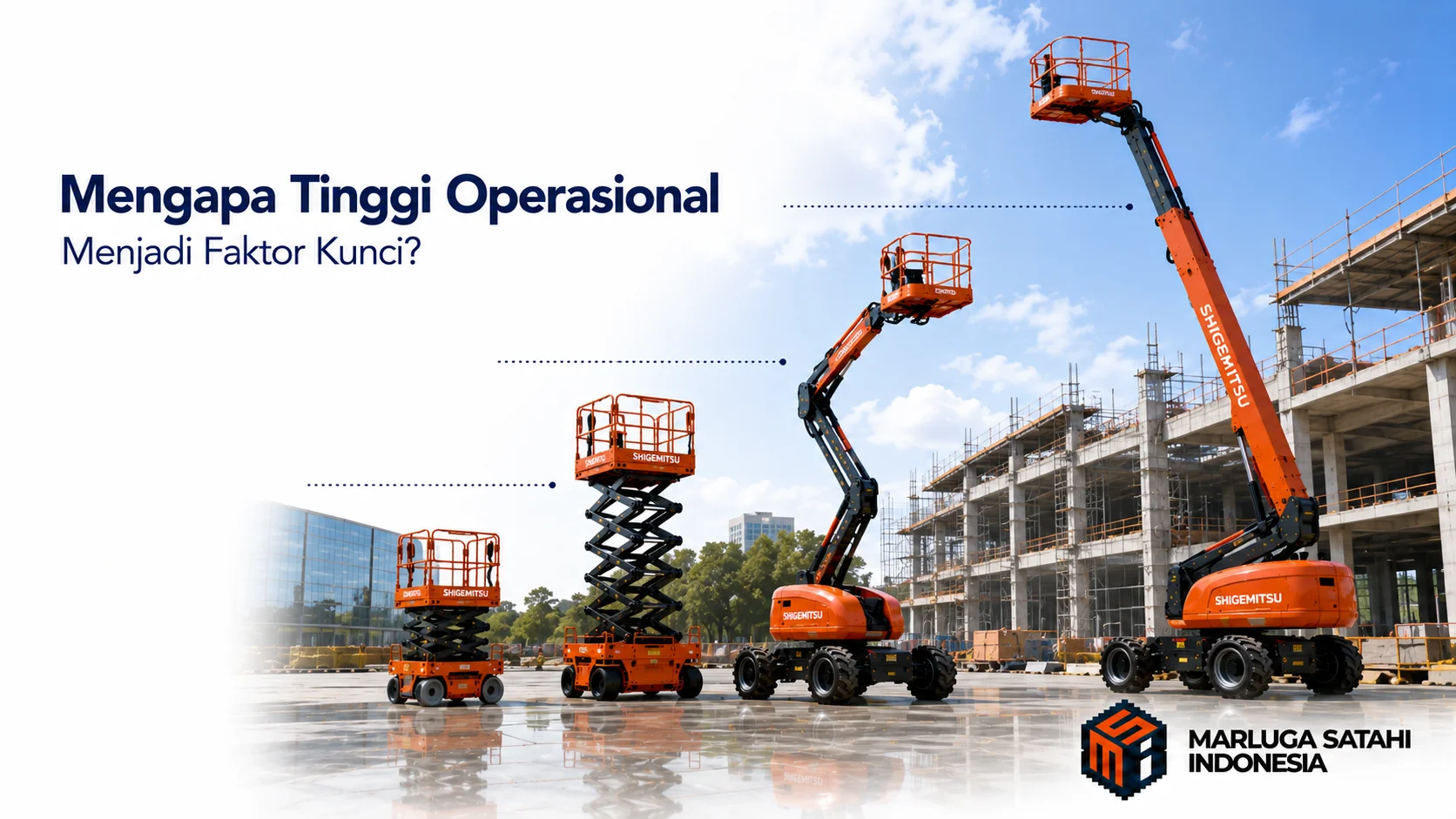 Shigemitsu Aerial Work Platform berbagai tinggi operasional ditampilkan di area proyek konstruksi sebagai ilustrasi pentingnya memilih jangkauan kerja yang tepat.