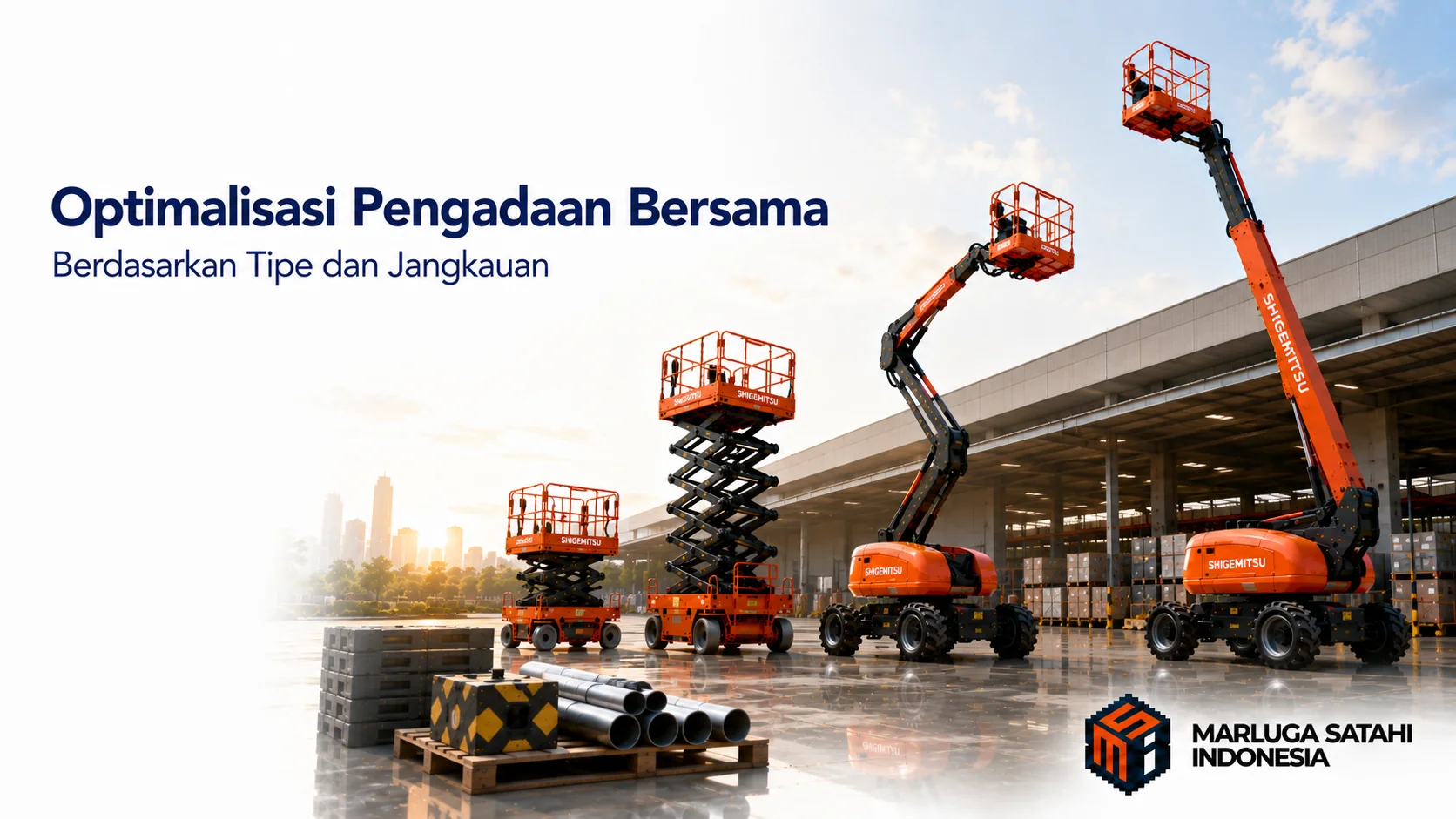 Unit Shigemitsu Aerial di area logistik modern sebagai ilustrasi pengadaan alat kerja di ketinggian yang terencana dan efisien.