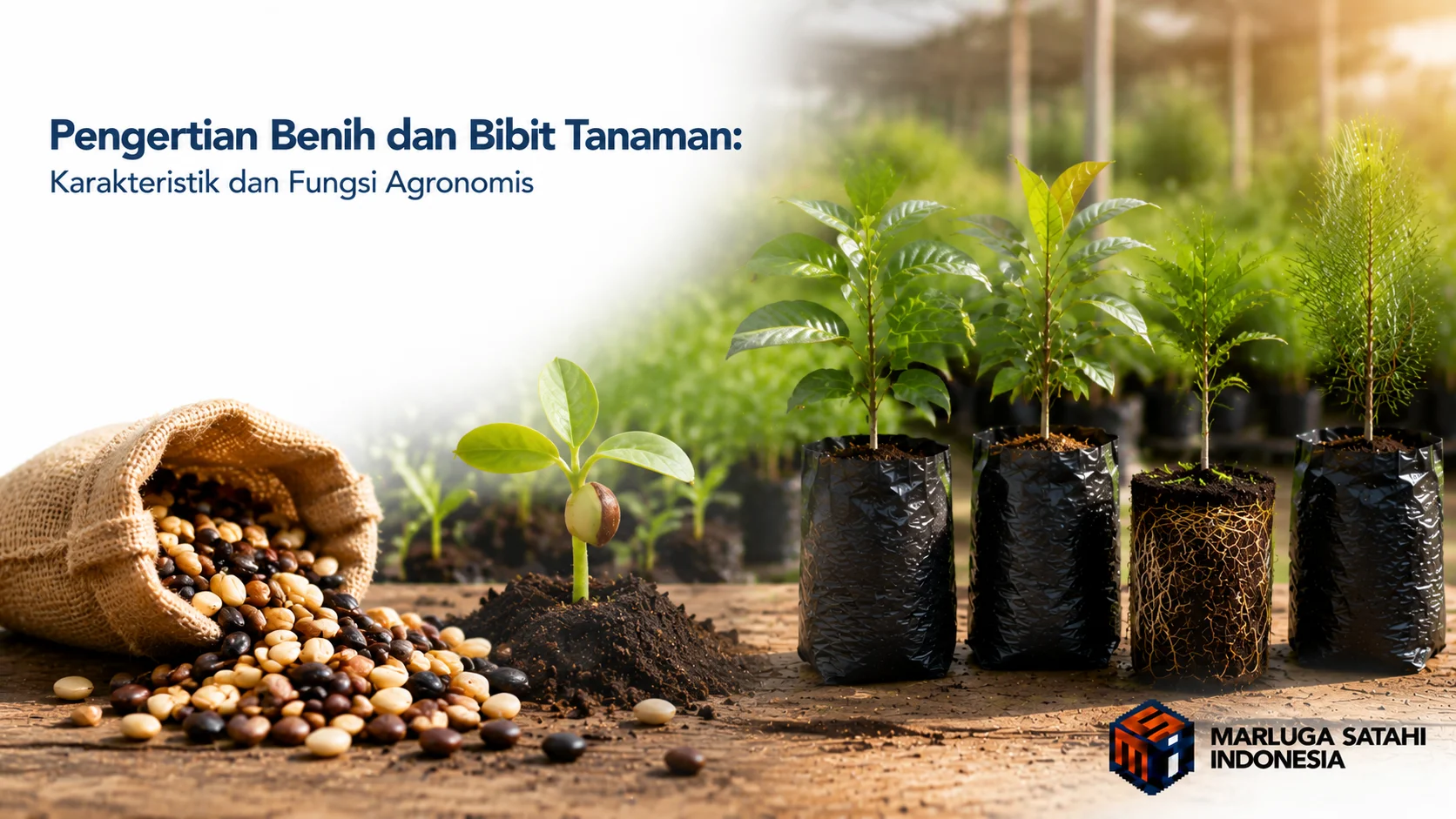 fotorealistis yang menampilkan perbedaan benih dan bibit tanaman, mulai dari biji yang berkecambah hingga bibit siap tanam di polybag dalam area persemaian.