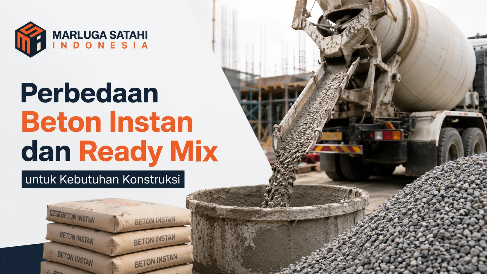 Ilustrasi gambar perbedaan beton instan dan ready mix untuk kebutuhan konstruksi