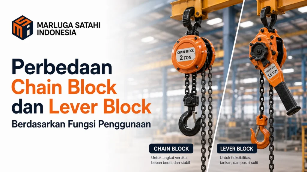 Banner infografis Marluga Satahi Indonesia bertuliskan 'Perbedaan Chain Block dan Lever Block Berdasarkan Fungsi Penggunaan' menampilkan perbandingan visual antara Chain Block oranye 2 ton dan Lever Block oranye 1,5 ton di dalam pabrik.