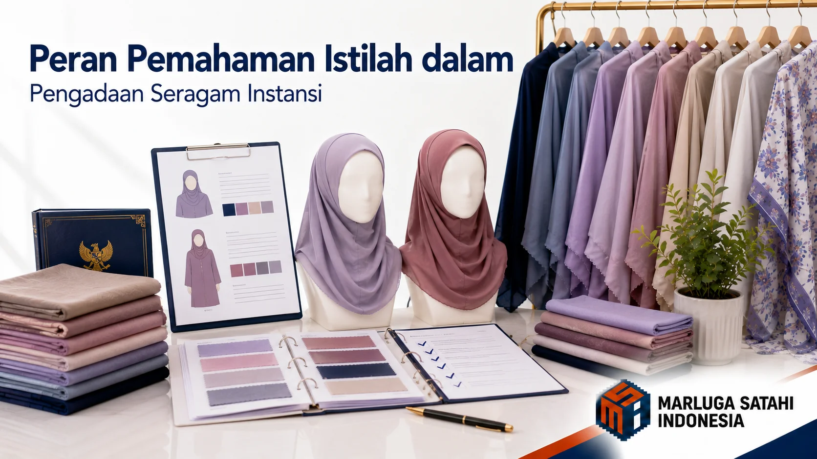 Konsultan fesyen menjelaskan perbedaan gaya penutup kepala kepada tim pengadaan di lingkungan kantor modern.