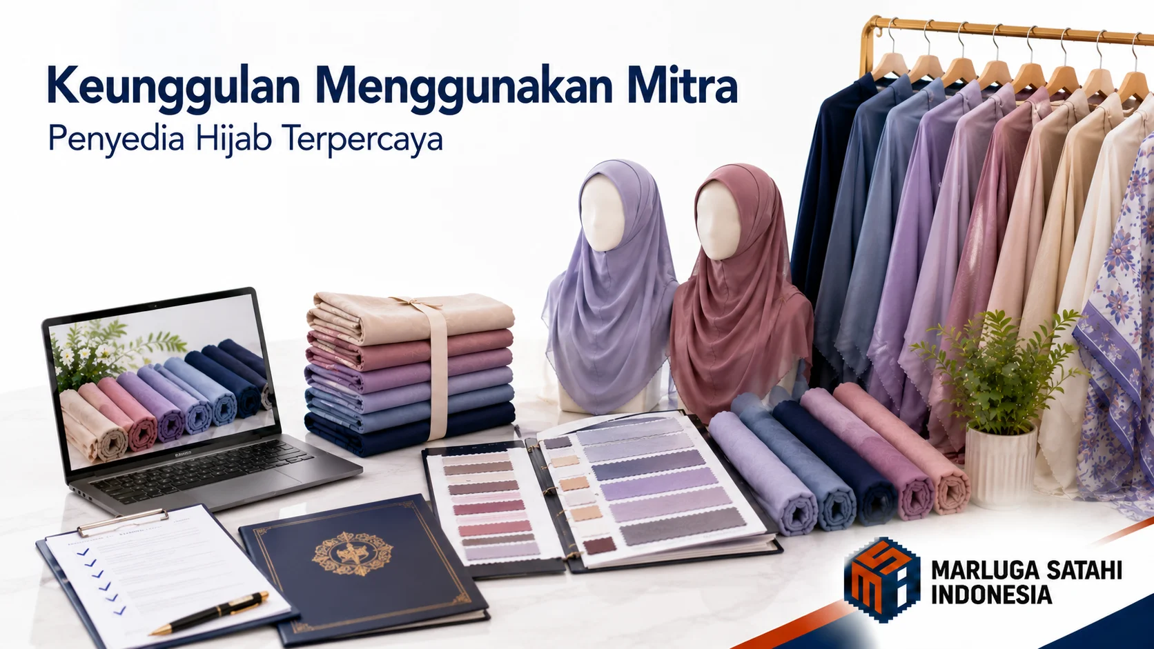 Pertemuan bisnis antara manajer pengadaan dan penyedia seragam untuk membahas detail harga dan kualitas kain penutup kepala.