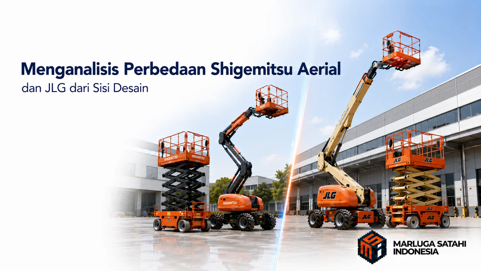 Perbandingan desain Shigemitsu Aerial dan JLG melalui tampilan boom lift dan scissor lift di area industri modern.