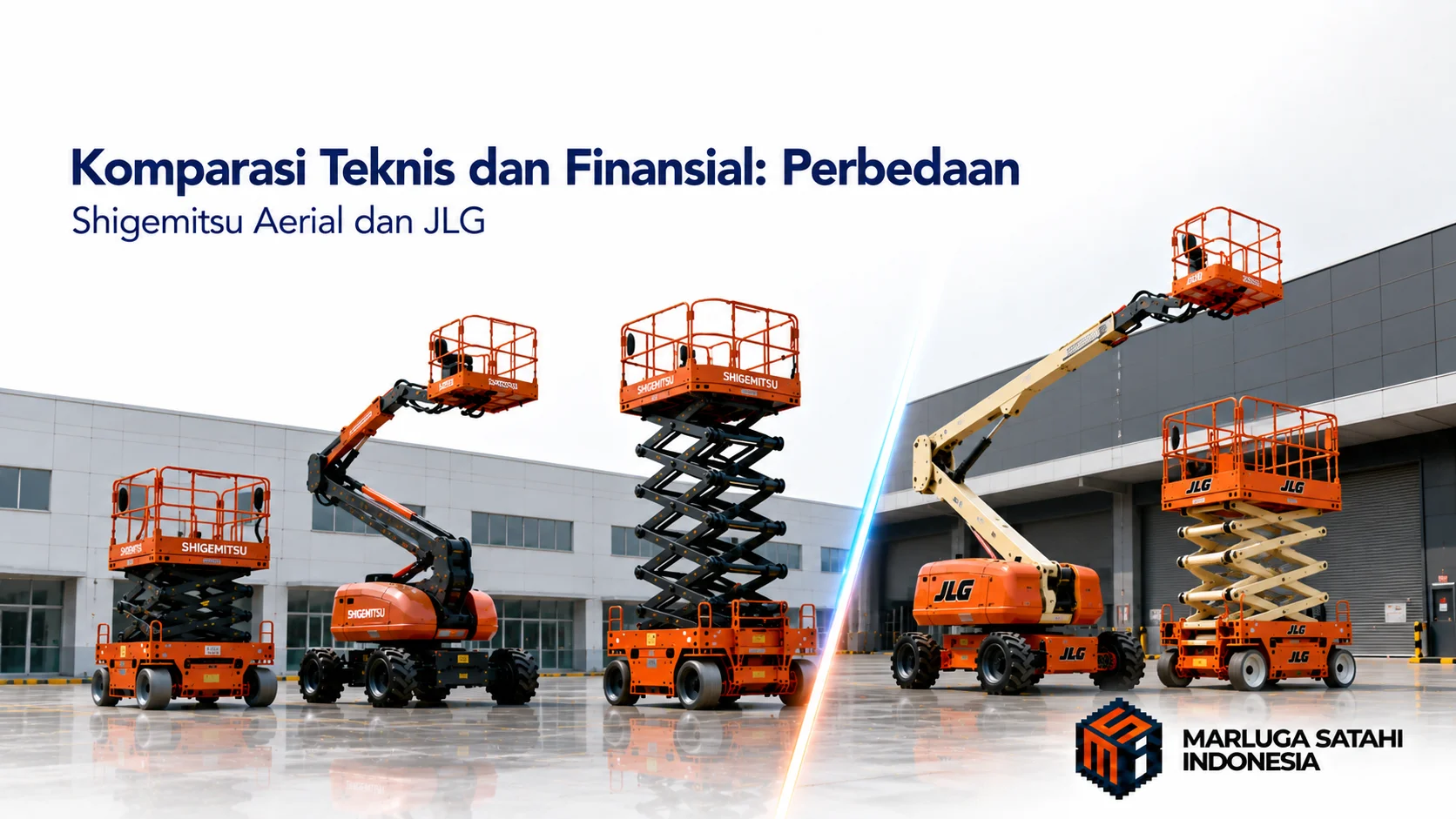 Banner komparasi teknis dan finansial antara Shigemitsu Aerial dan JLG menggunakan boom lift serta scissor lift di kawasan industri.