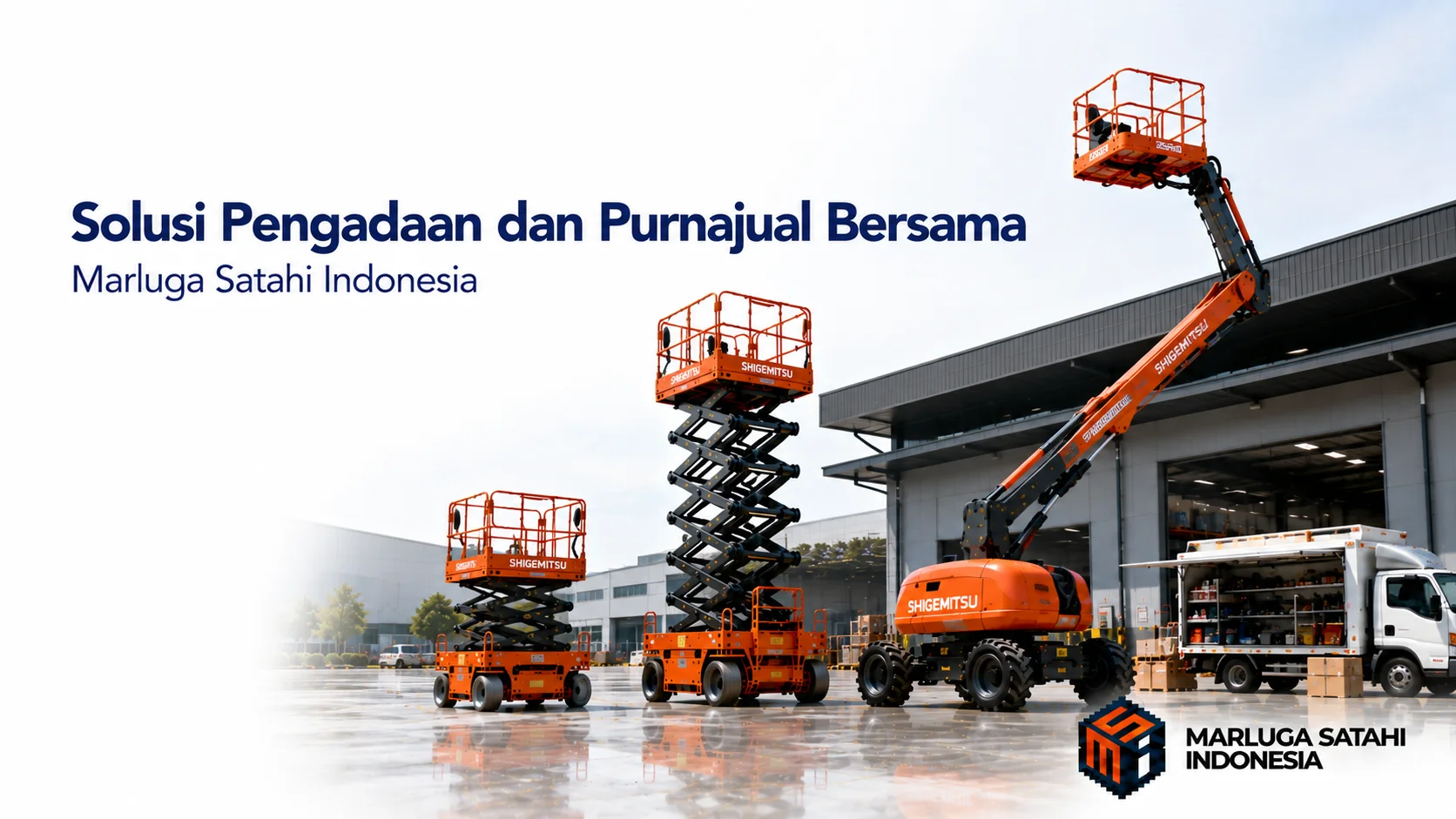 Banner layanan pengadaan dan purnajual Marluga Satahi Indonesia dengan unit Shigemitsu Aerial di depan fasilitas servis modern.