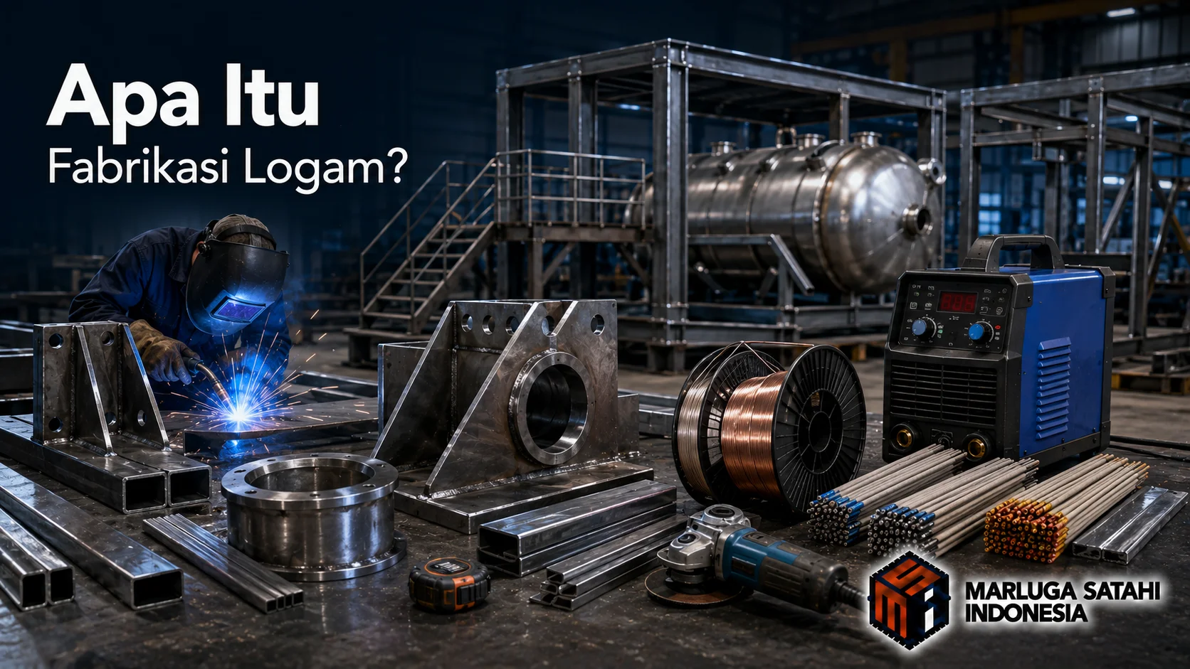 Banner industri fabrikasi logam dengan proses pengelasan, material baja, mesin las, kawat las, dan komponen logam yang menunjukkan tahapan produksi fabrikasi logam profesional.