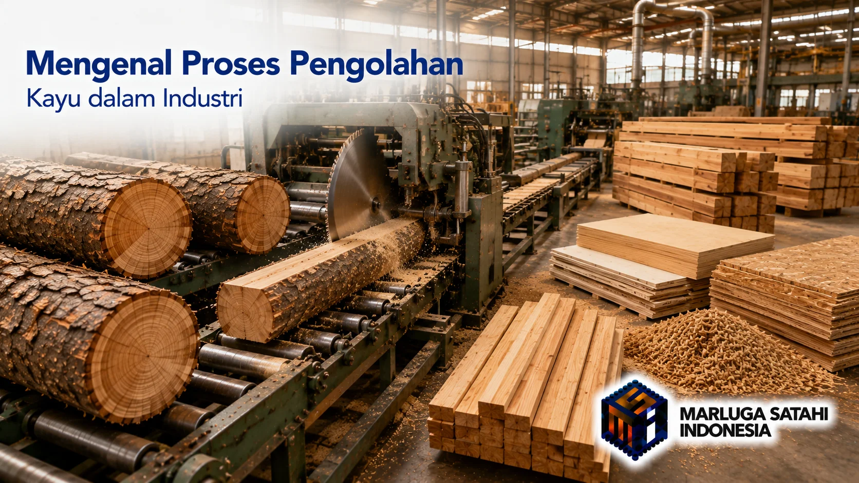 Proses pengolahan kayu di pabrik industri menggunakan mesin pemotong dengan kayu gelondongan, papan kayu, dan material olahan.